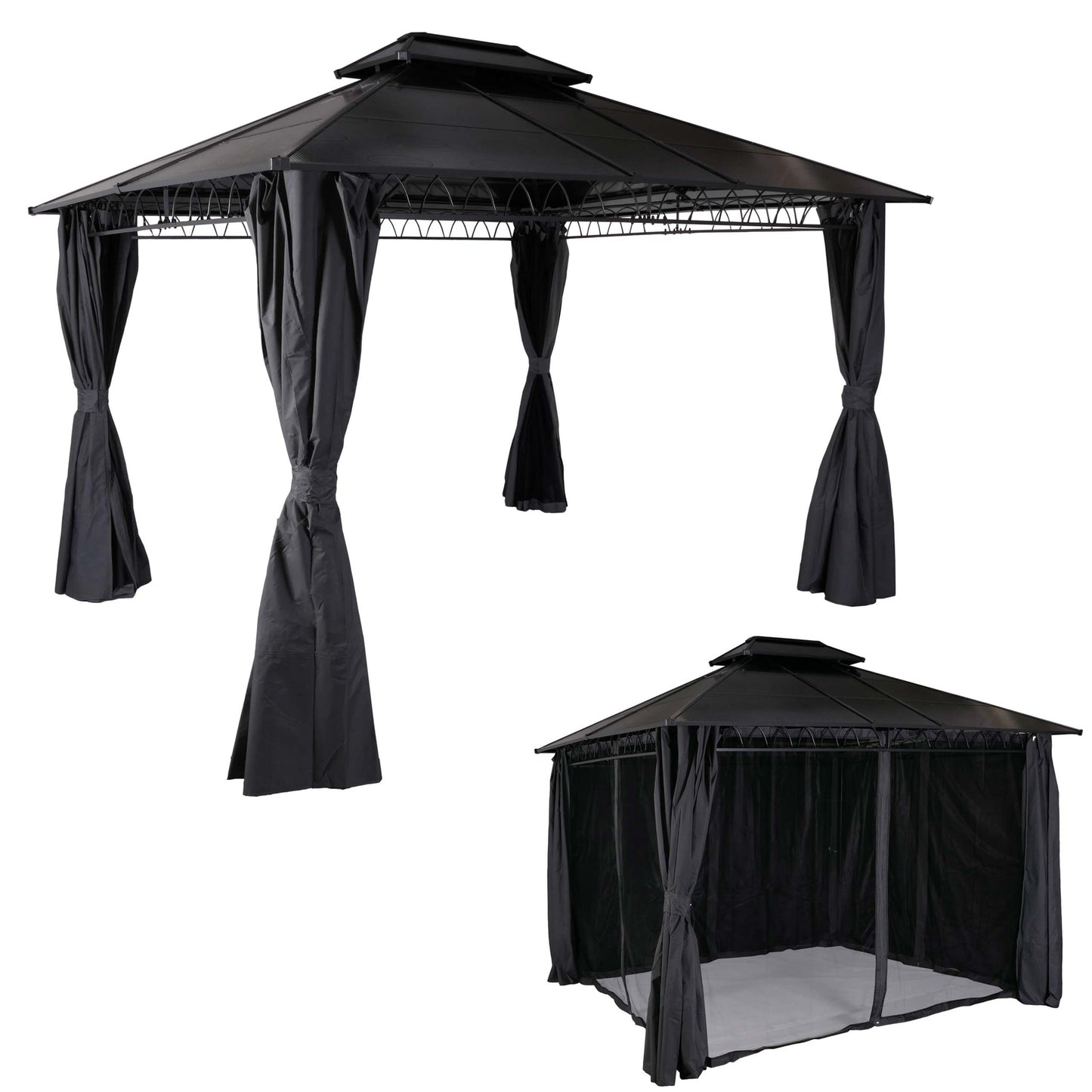 Hardtop pergola MCW-M81, paviljoen, aluminium dakstutten 7cm stalen frame met zijwand en muggengaas 3,6x3m ~ grijs