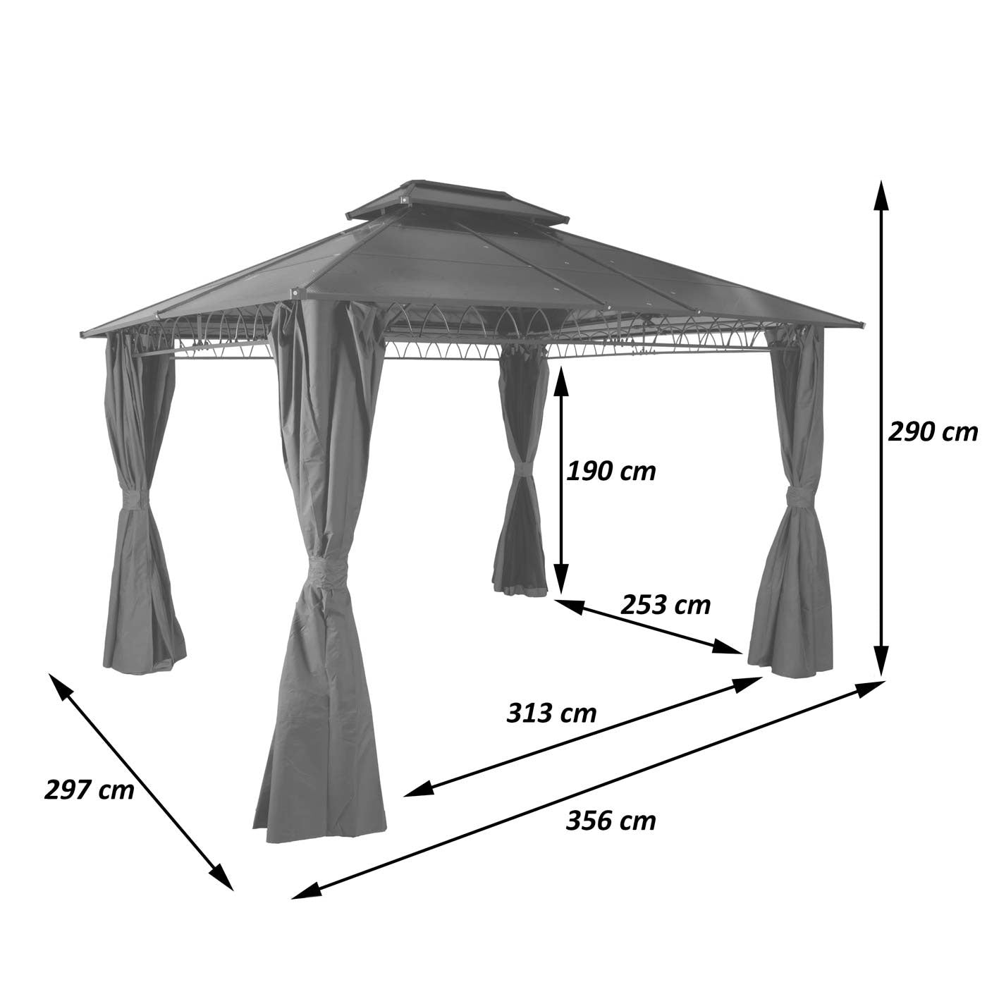 Hardtop pergola MCW-M81, paviljoen, aluminium dakstutten 7cm stalen frame met zijwand en muggengaas 3,6x3m ~ grijs