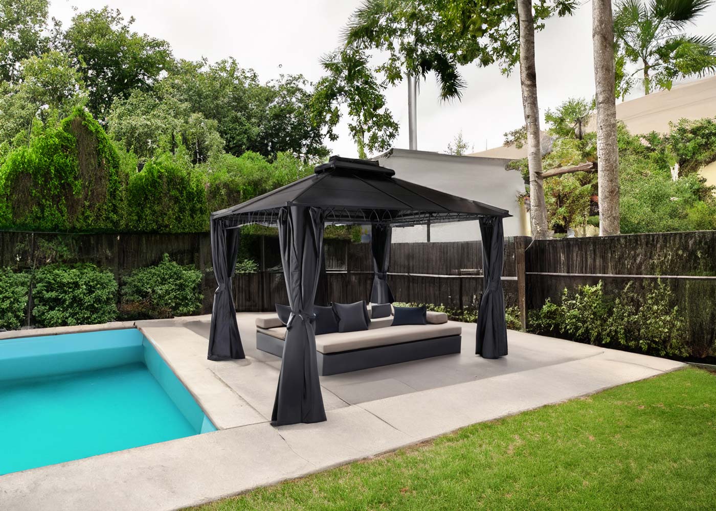 Hardtop pergola MCW-M81, paviljoen, aluminium dakstutten 7cm stalen frame met zijwand en muggengaas 3,6x3m ~ grijs