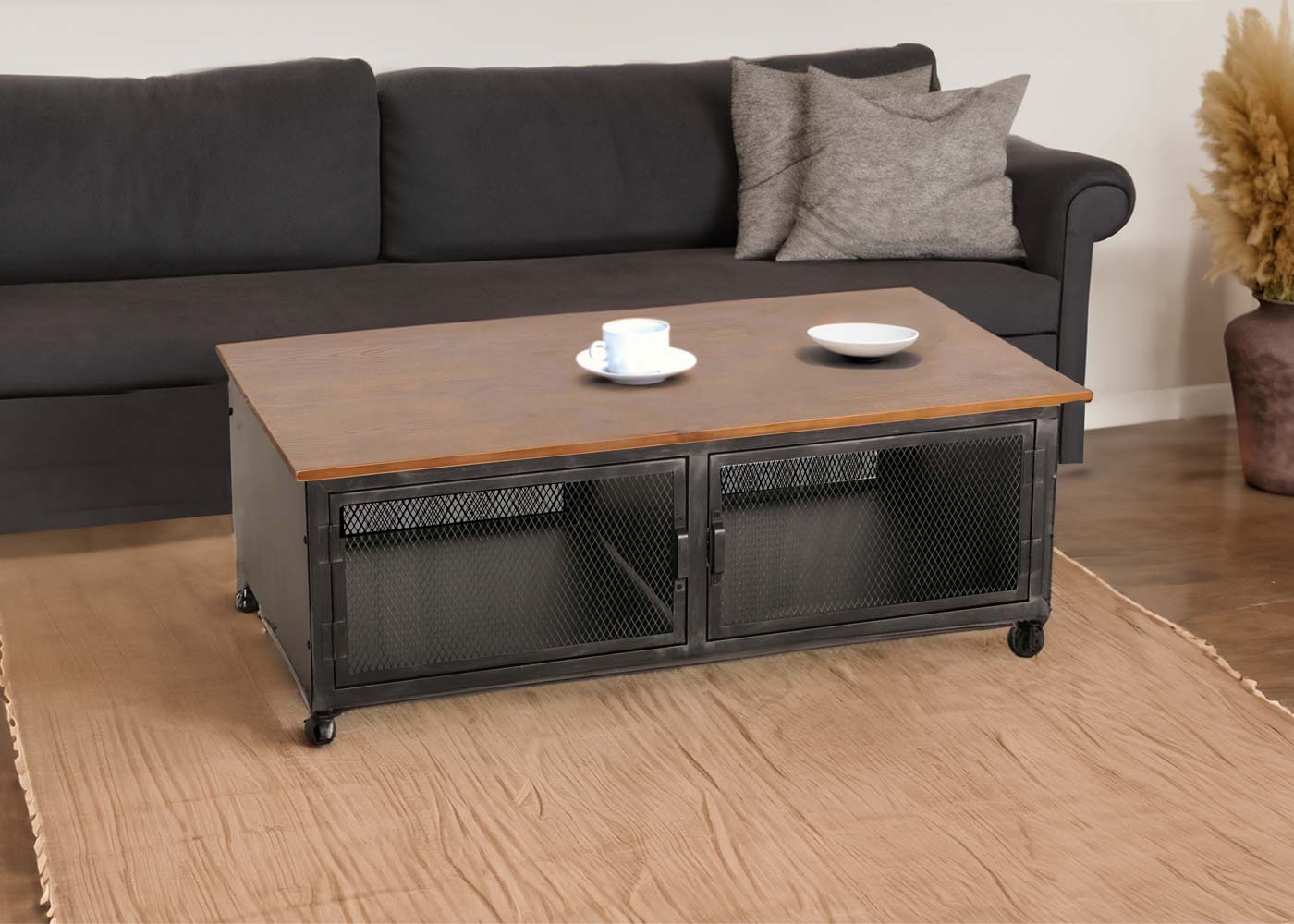 Salontafel MCW-N28, sofatafel, wielen 2 vakken, 3D structuur industrieel retro metaal hout 45x120x60cm ~ zwart, naturel