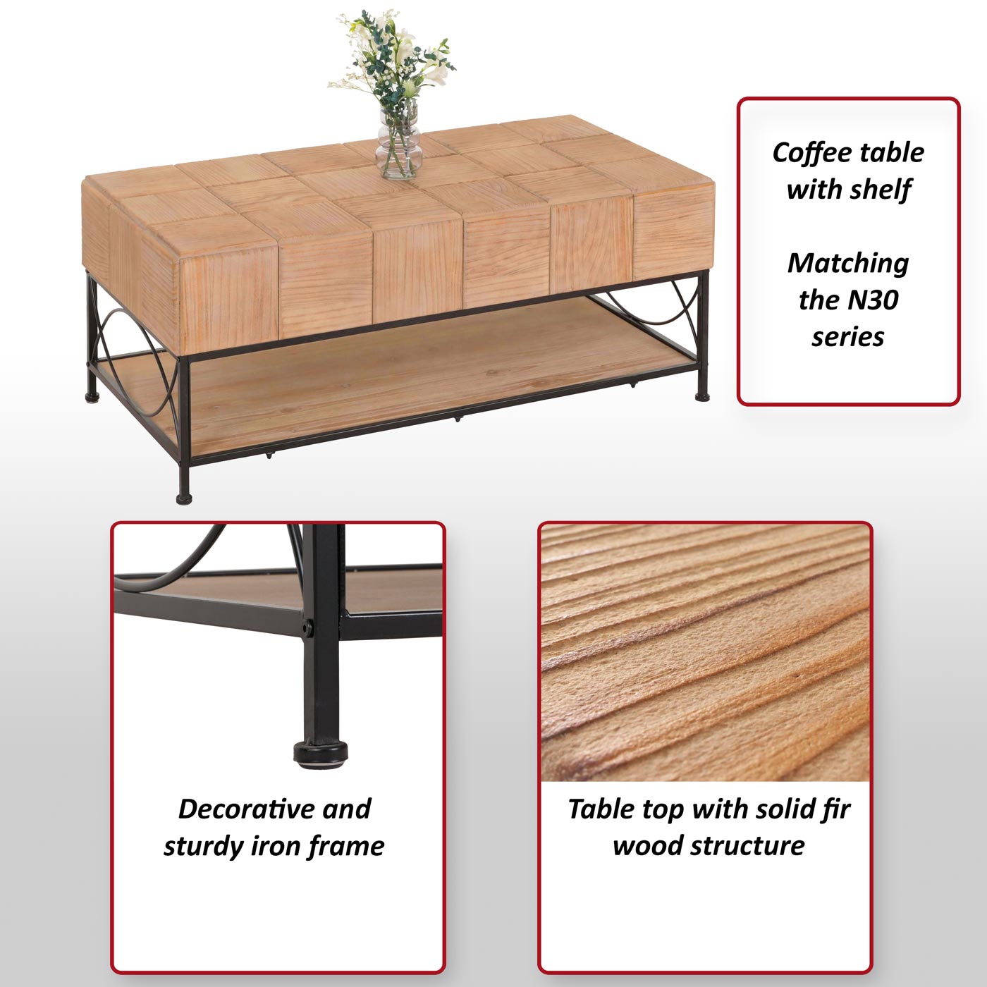 Salontafel MCW-N30, woonkamertafel sofatafel bijzettafel, plank massief hout MDF, 51x120x61cm