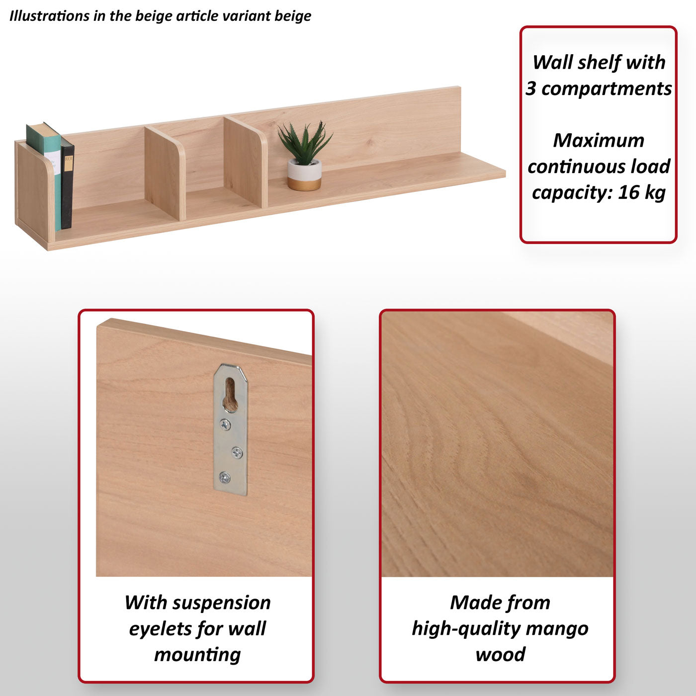 Wandplank MCW-M48, Hangplank Houten plank Zwevende plank, 3 vakken Massief mangohout 20x120x21cm ~ naturel