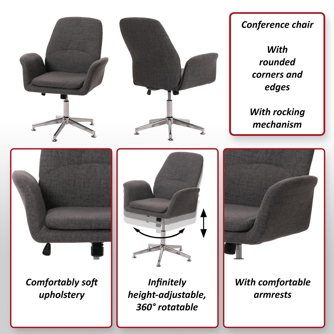 Set van 6 vergaderstoelen MCW-K23, bezoekersstoel gestoffeerde stoel draaibare armleuningen in hoogte verstelbaar stof/textiel ~ donkergrijs
