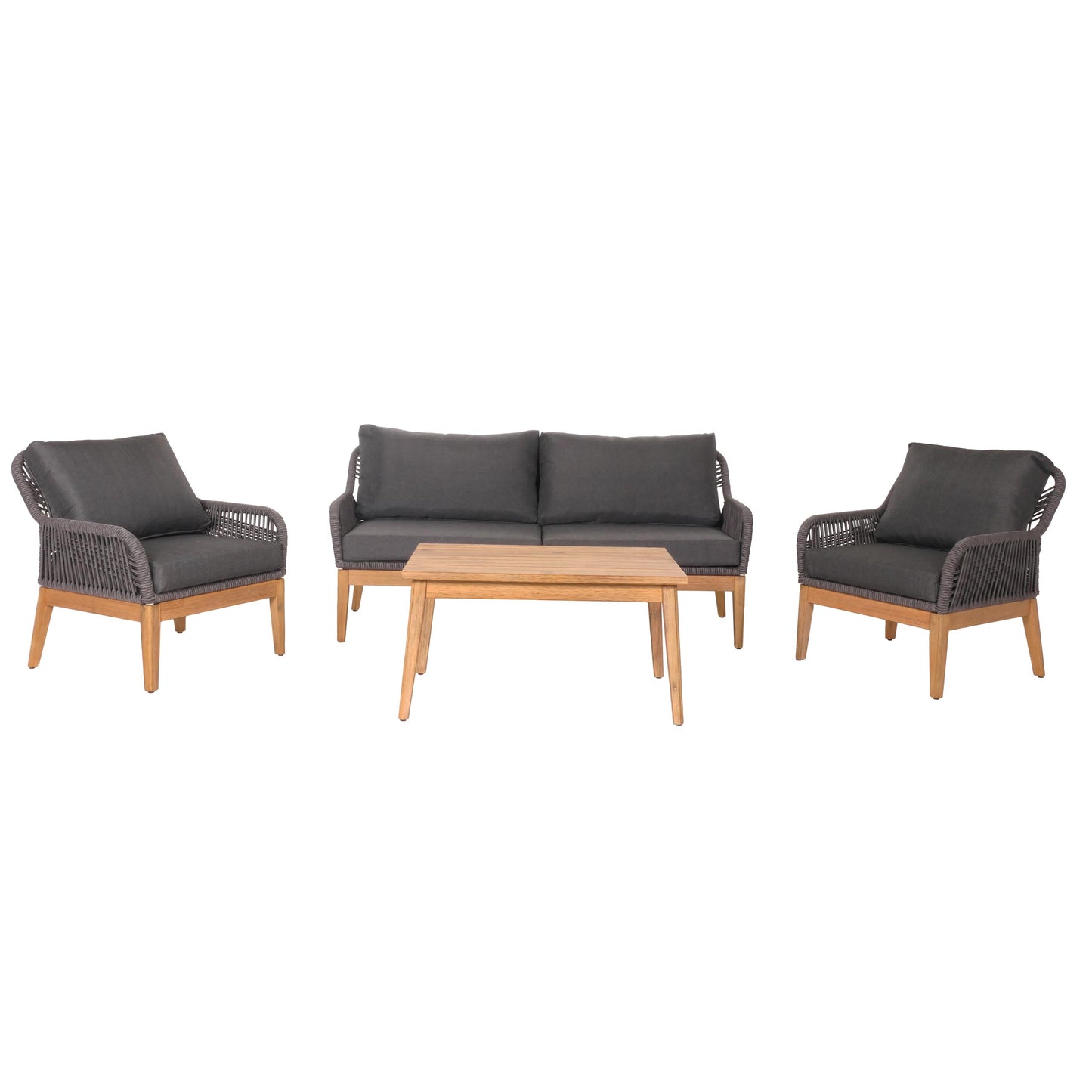 Tuinset MCW-H56b, loungeset tuin loungebank fauteuil tafel, rope wicker Touwhout acacia ~ donkergrijs
