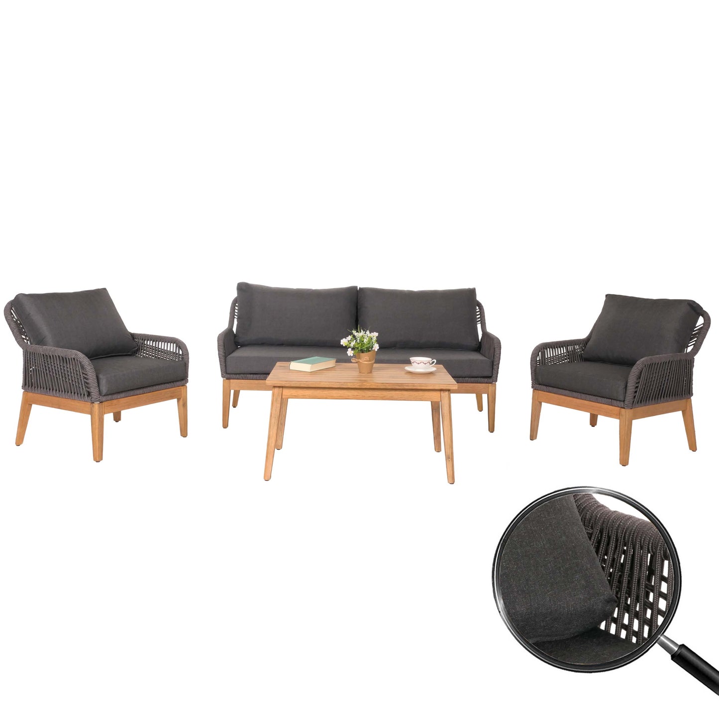 Tuinset MCW-H56b, loungeset tuin loungebank fauteuil tafel, rope wicker Touwhout acacia ~ donkergrijs