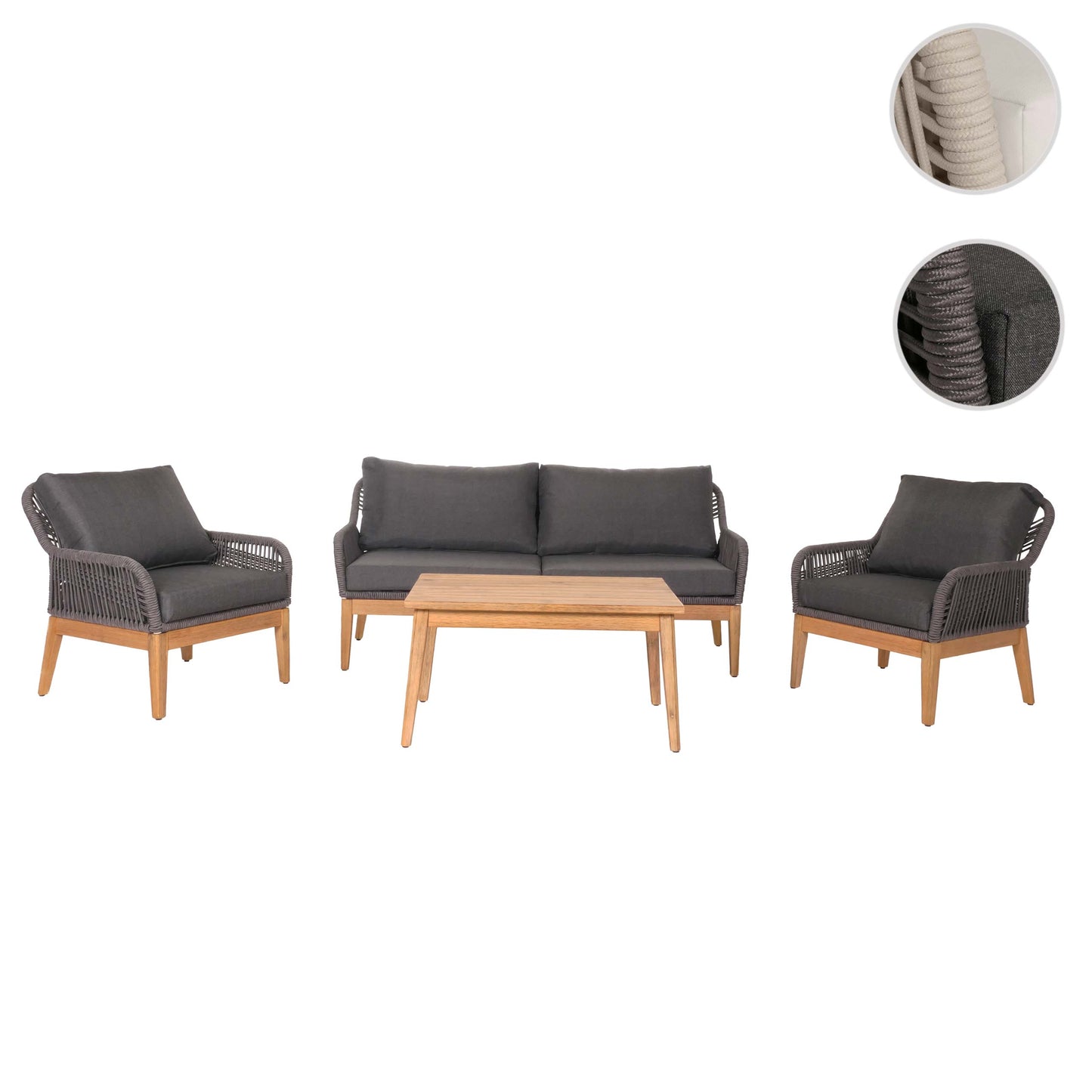 Tuinset MCW-H56b, loungeset tuin loungebank fauteuil tafel, rope wicker Touwhout acacia ~ donkergrijs