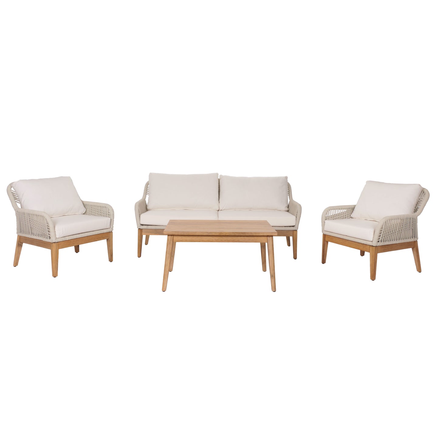 Tuinset MCW-H56b, loungeset tuin loungebank fauteuil tafel, touw vlechtwerk Touwhout acacia ~ crème