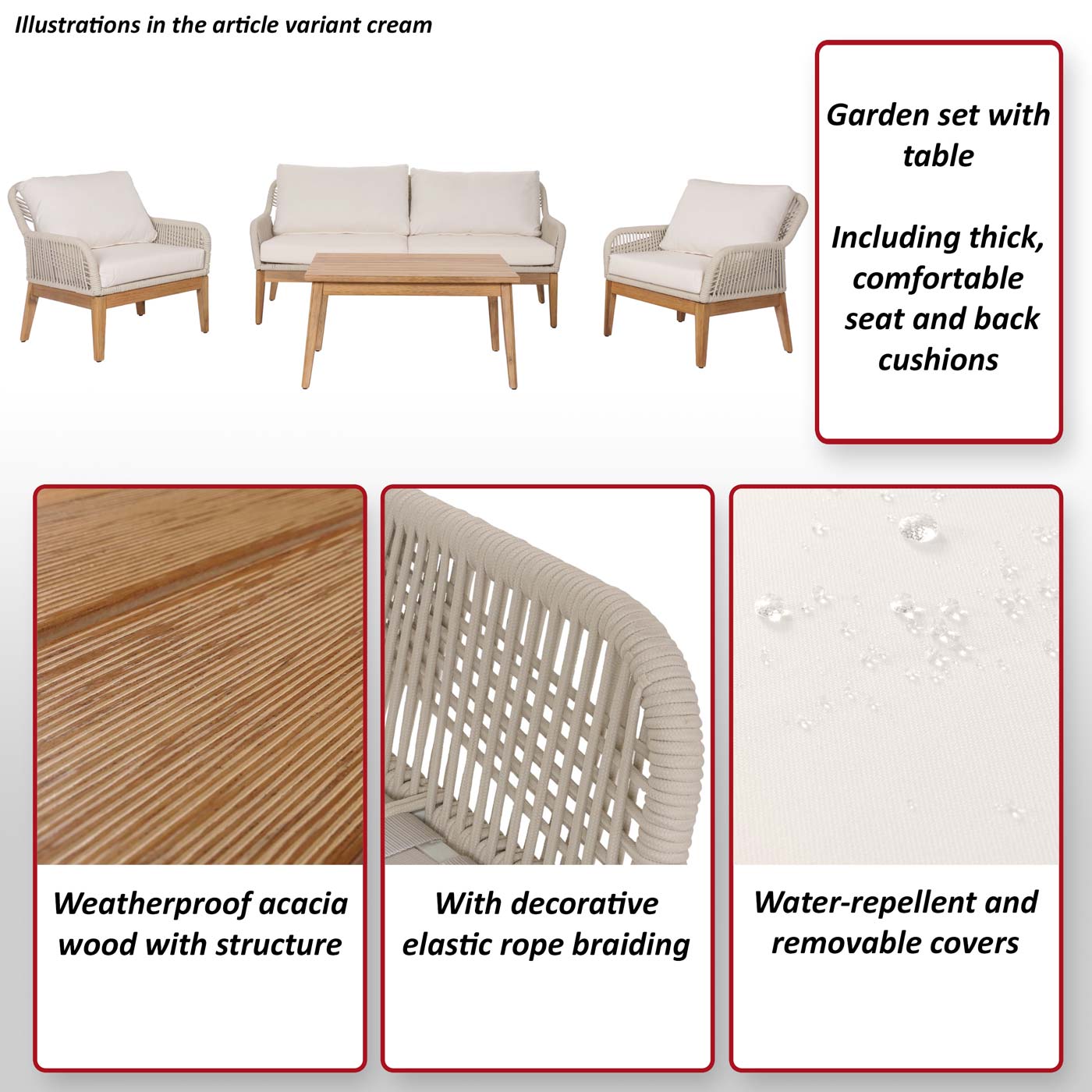 Tuinset MCW-H56b, loungeset tuin loungebank fauteuil tafel, rope wicker Touwhout acacia ~ donkergrijs