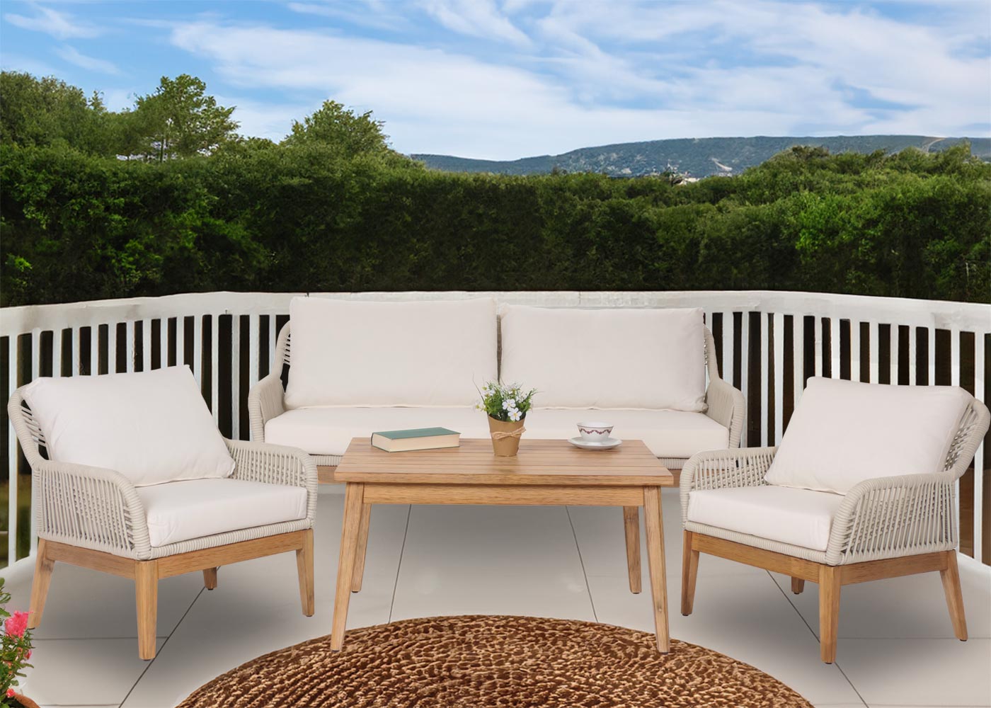 Tuinset MCW-H56b, loungeset tuin loungebank fauteuil tafel, rope wicker Touwhout acacia ~ donkergrijs