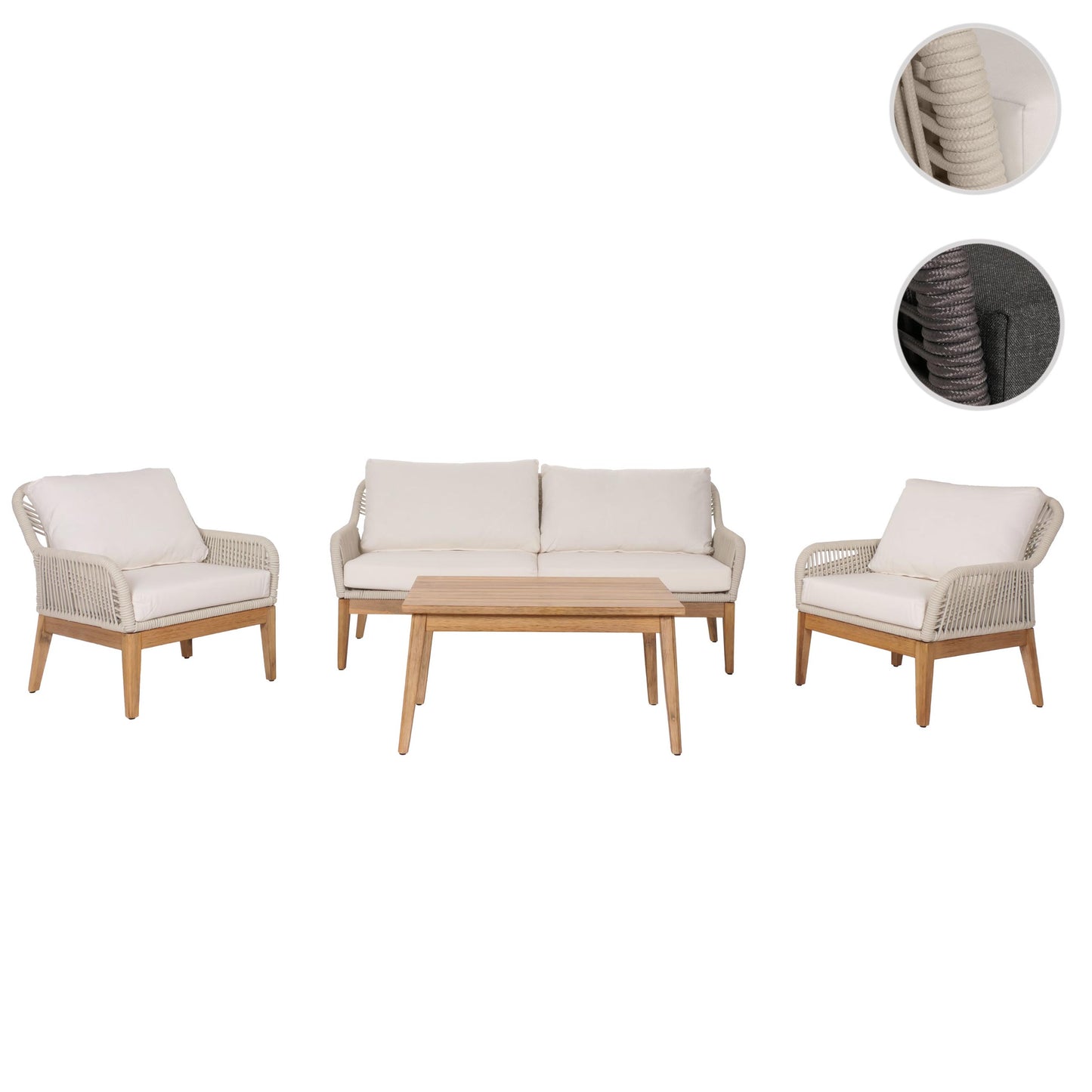 Tuinset MCW-H56b, loungeset tuin loungebank fauteuil tafel, touw vlechtwerk Touwhout acacia ~ crème