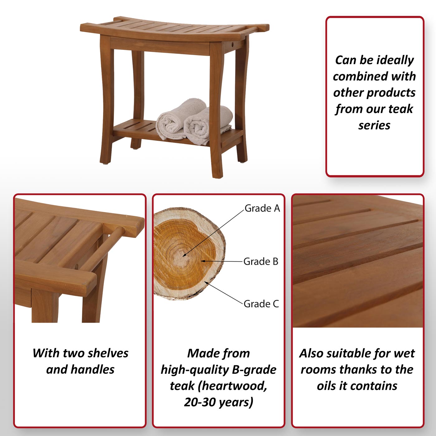 Teak kruk MCW-M84, houten kruk bankje douchekruk, hoogwaardige B-kwaliteit teak (kernhout, 20-30 jaar), 51x60x30cm