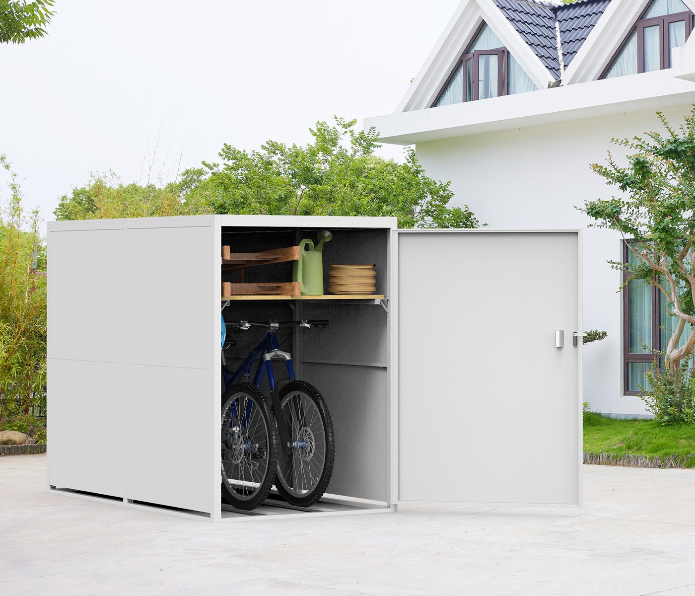 2-fietsenstalling MCW-L56c, fietsenstalling met opbergruimte, afsluitbaar metaal 160x113x209cm ~ lichtgrijs