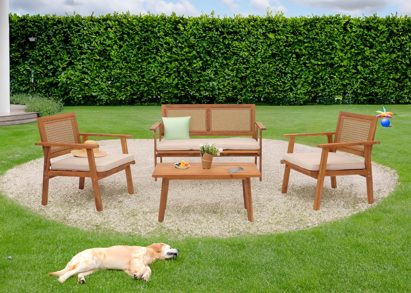 Tuinset MCW-N46, loungeset tuin loungebank fauteuil tafel, hout acacia MVG-gecertificeerd ~ kussens grijs