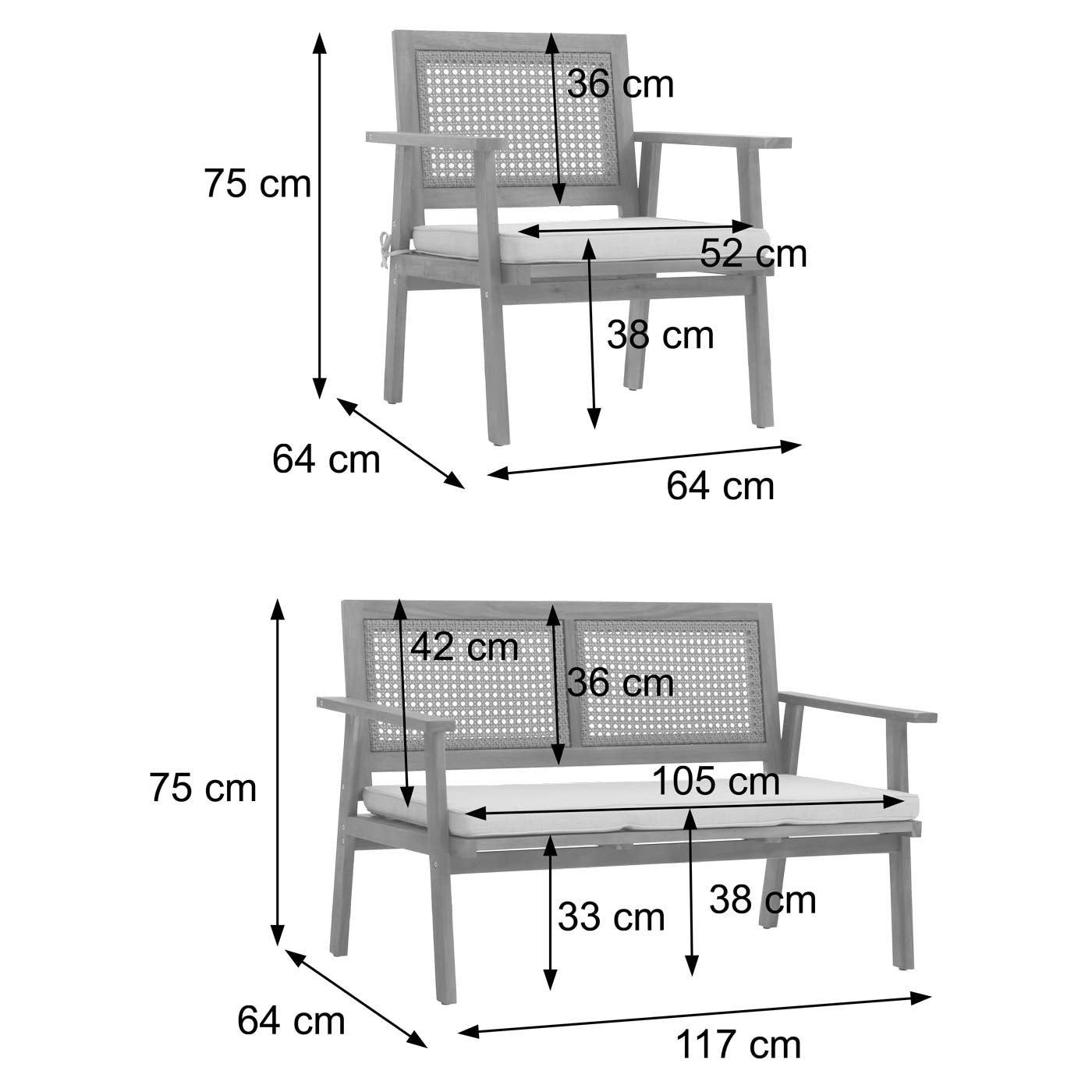 Tuinset MCW-N46, loungeset tuin loungebank fauteuil tafel, hout acacia MVG-gecertificeerd ~ kussens grijs
