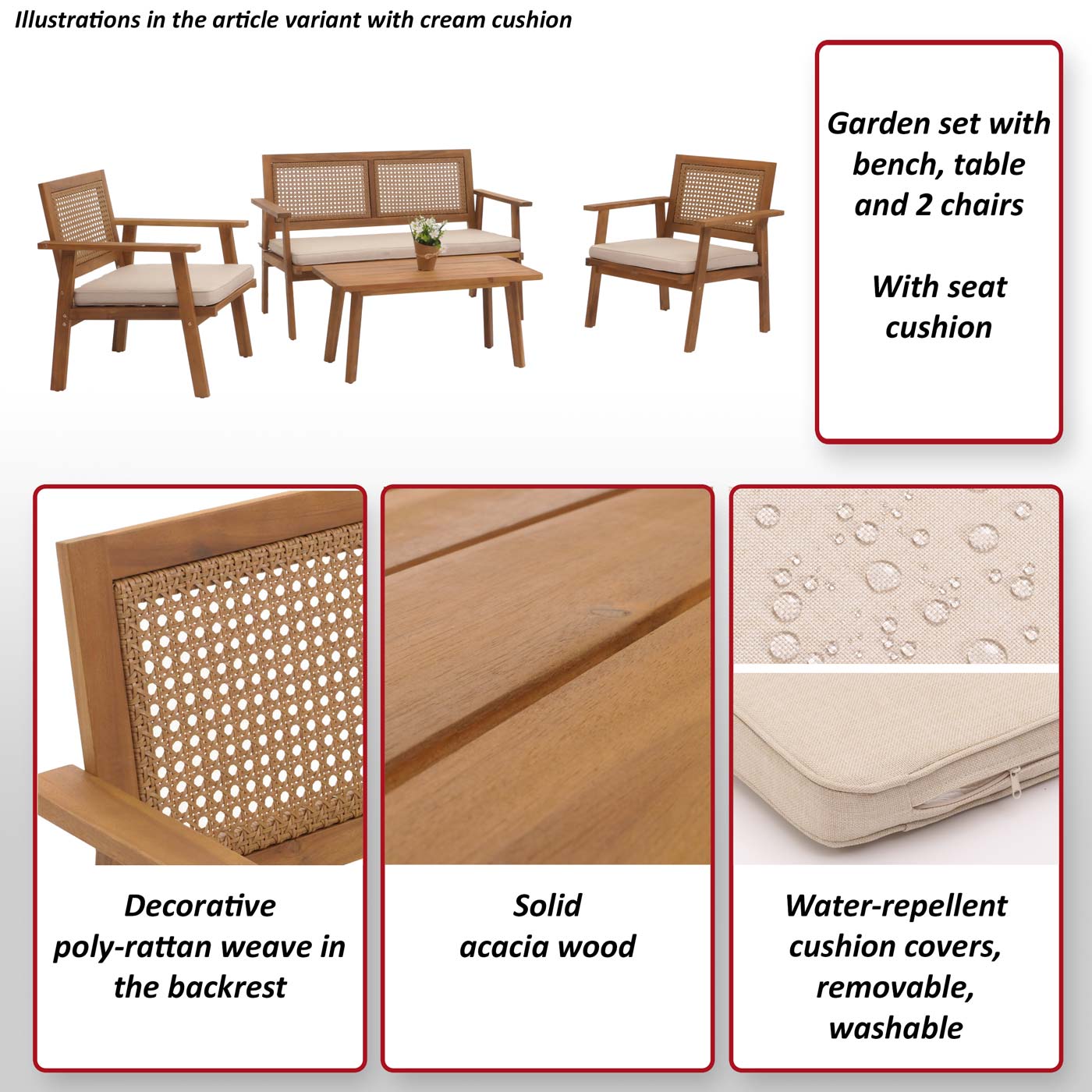 Tuinset MCW-N46, loungeset tuin loungebank fauteuil tafel, hout acacia MVG-gecertificeerd ~ kussens grijs