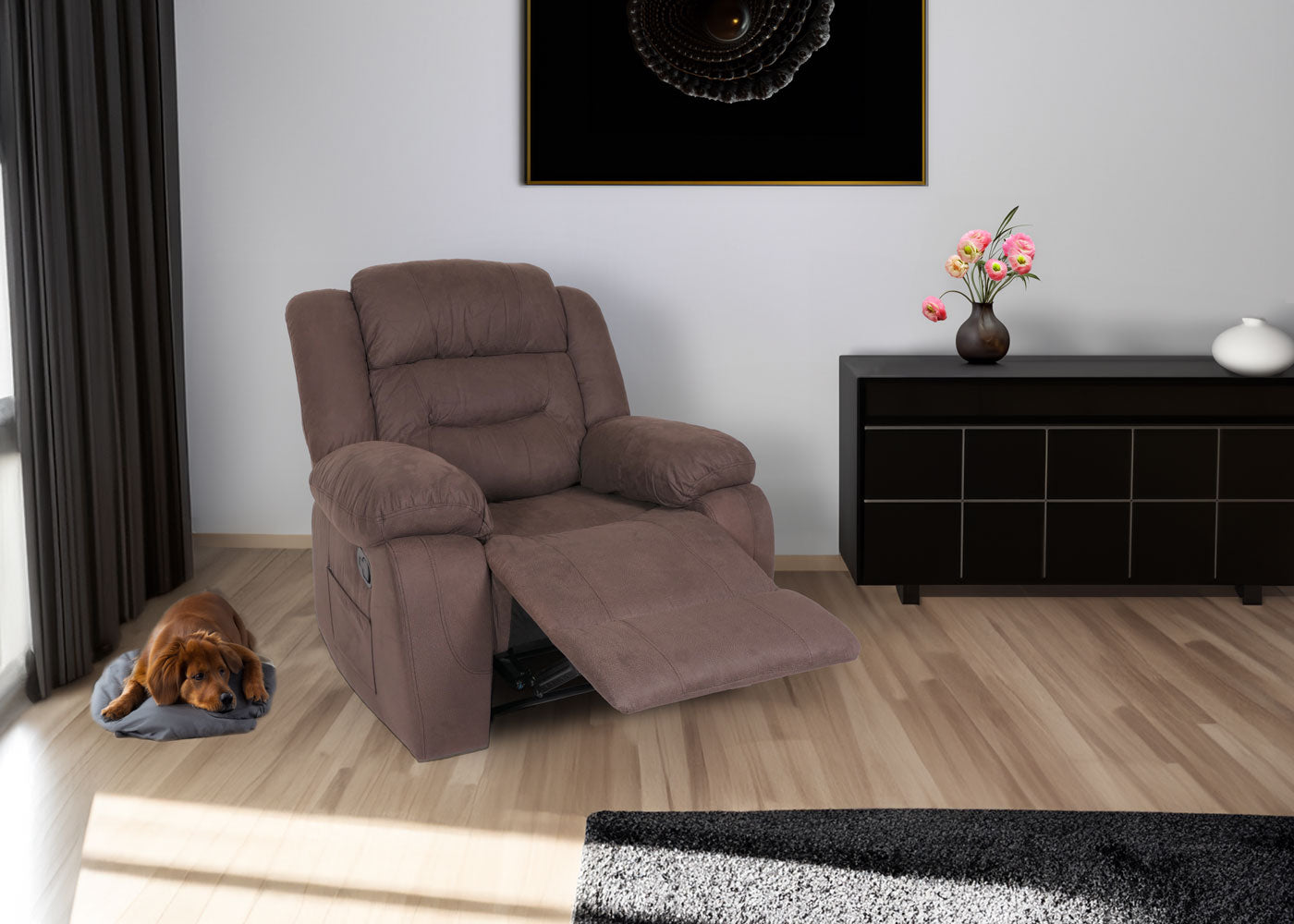TV-fauteuil MCW-J57, XXL relaxfauteuil TV-fauteuil met nosag-vering suède look stof/textiel tot 200kg ~ bruin