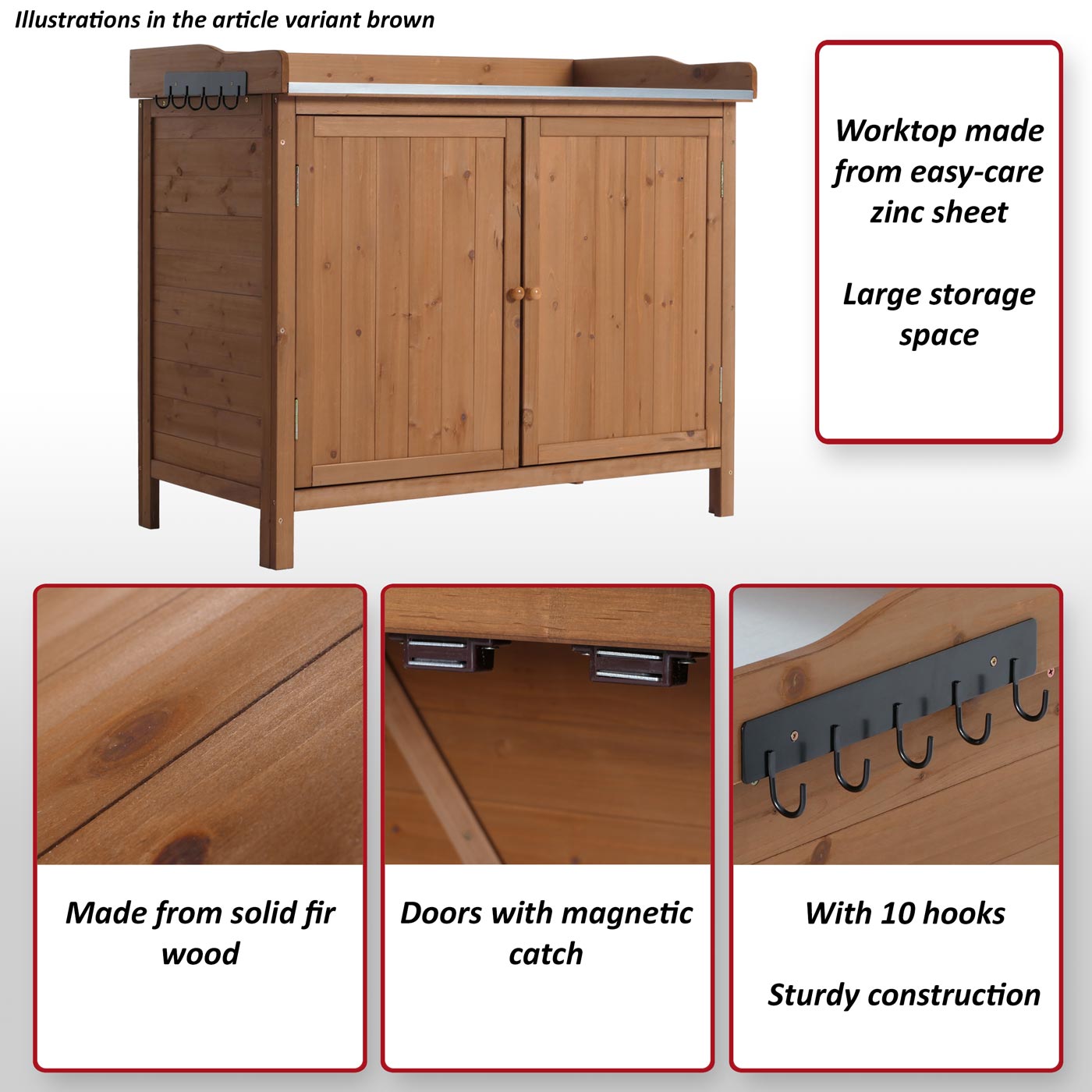 Tuinkast met werkblad MCW-L69, planttafel, outdoor sparrenhout MVG-gecertificeerd 86x104x52cm ~ bruin