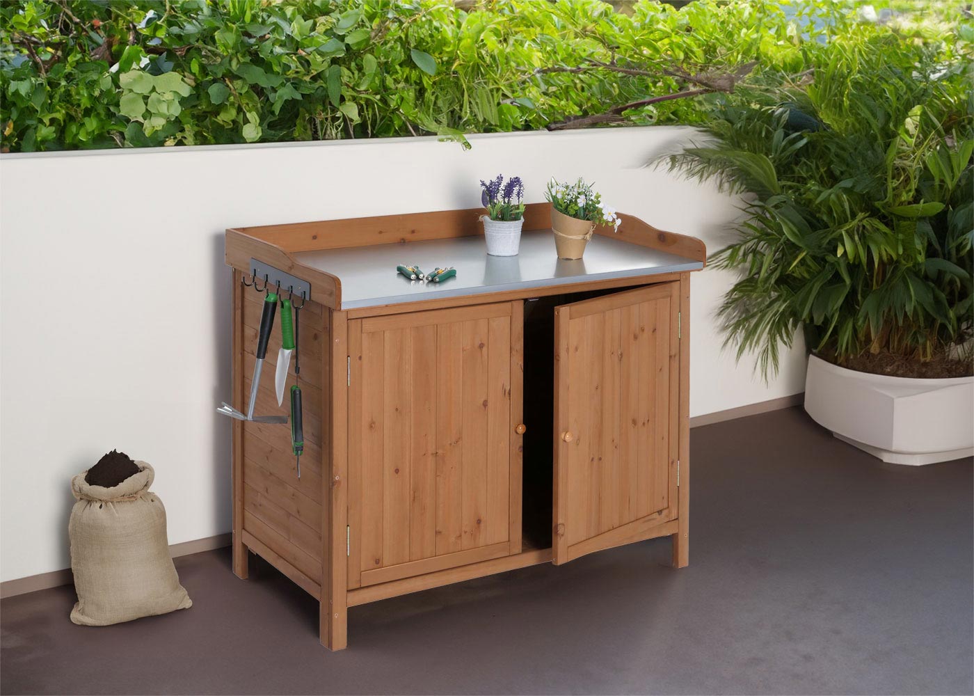Tuinkast met werkblad MCW-L69, planttafel, outdoor sparrenhout MVG-gecertificeerd 86x104x52cm ~ wit