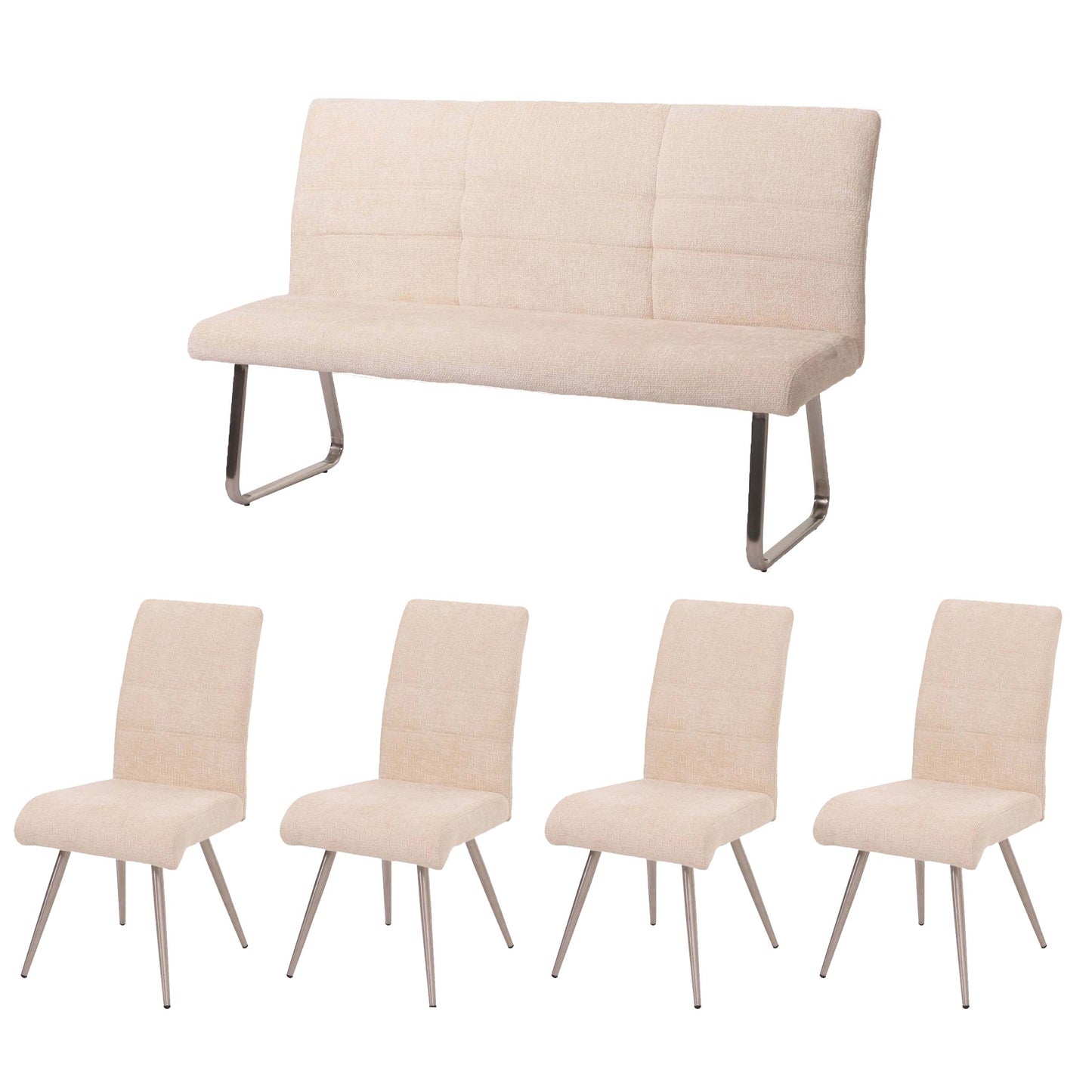 Eetkamerset MCW-G55, set van 4 stoelen + bank 160cm, geborsteld roestvrij staal stof/textiel chenille ~ crème