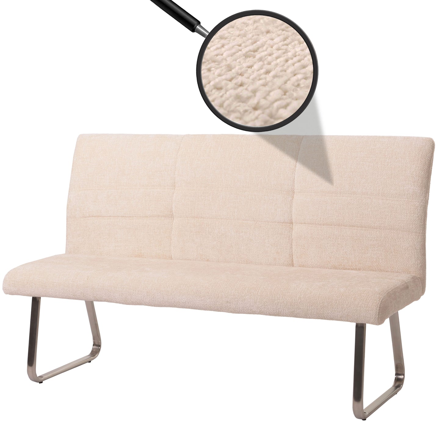 Bank MCW-G55, eetkamerbank, geborsteld roestvrij staal stof/textiel chenille Oeko-Tex, 160cm ~ crème