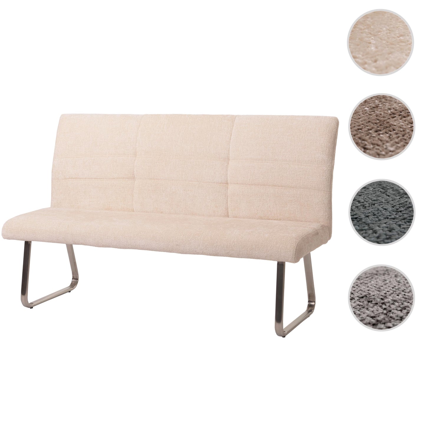 Bank MCW-G55, eetkamerbank, geborsteld roestvrij staal stof/textiel chenille Oeko-Tex, 160cm ~ crème