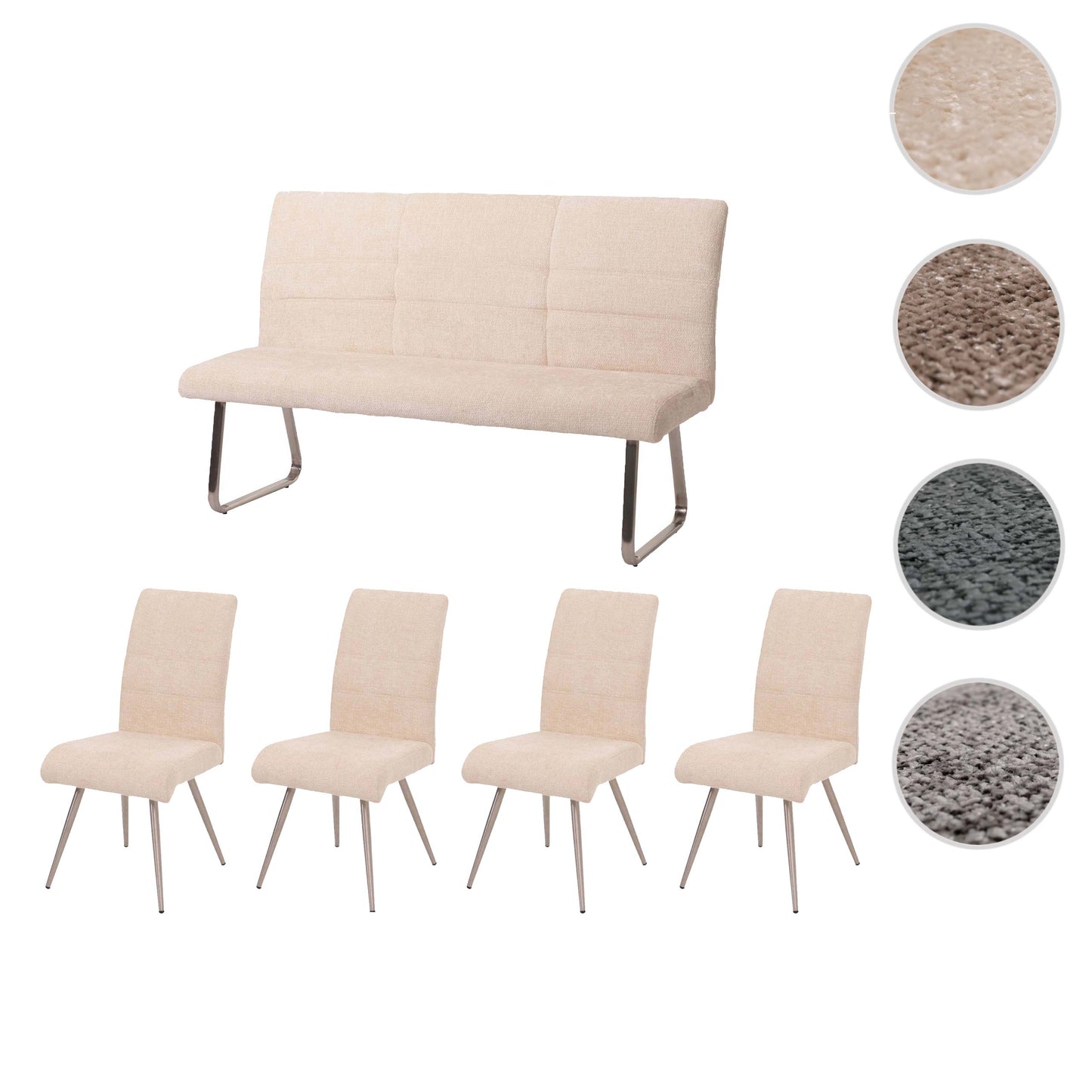 Eetkamerset MCW-G55, set van 4 stoelen + bank 160cm, geborsteld roestvrij staal stof/textiel chenille ~ crème