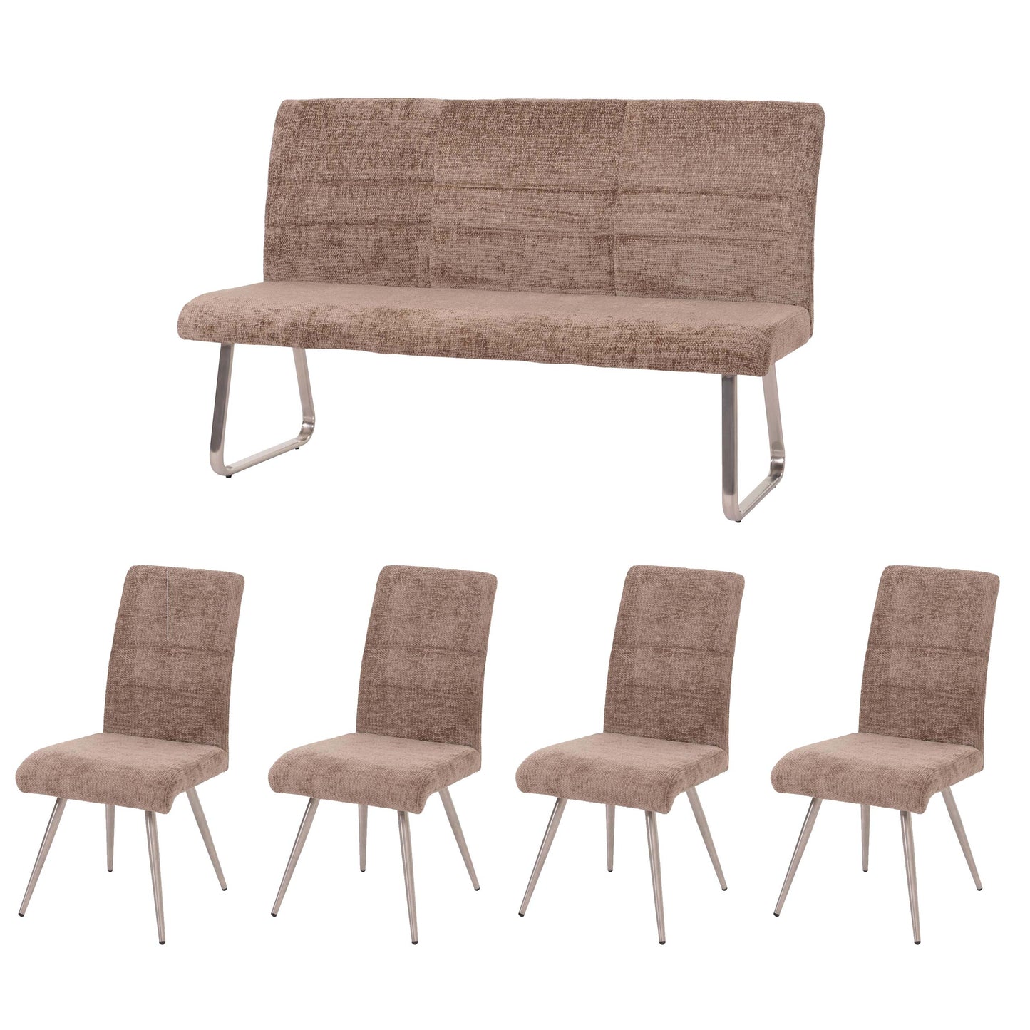 Eetkamerset MCW-G55, set van 4 stoelen + bank 160cm, geborsteld roestvrij staal stof/textiel chenille ~ bruin
