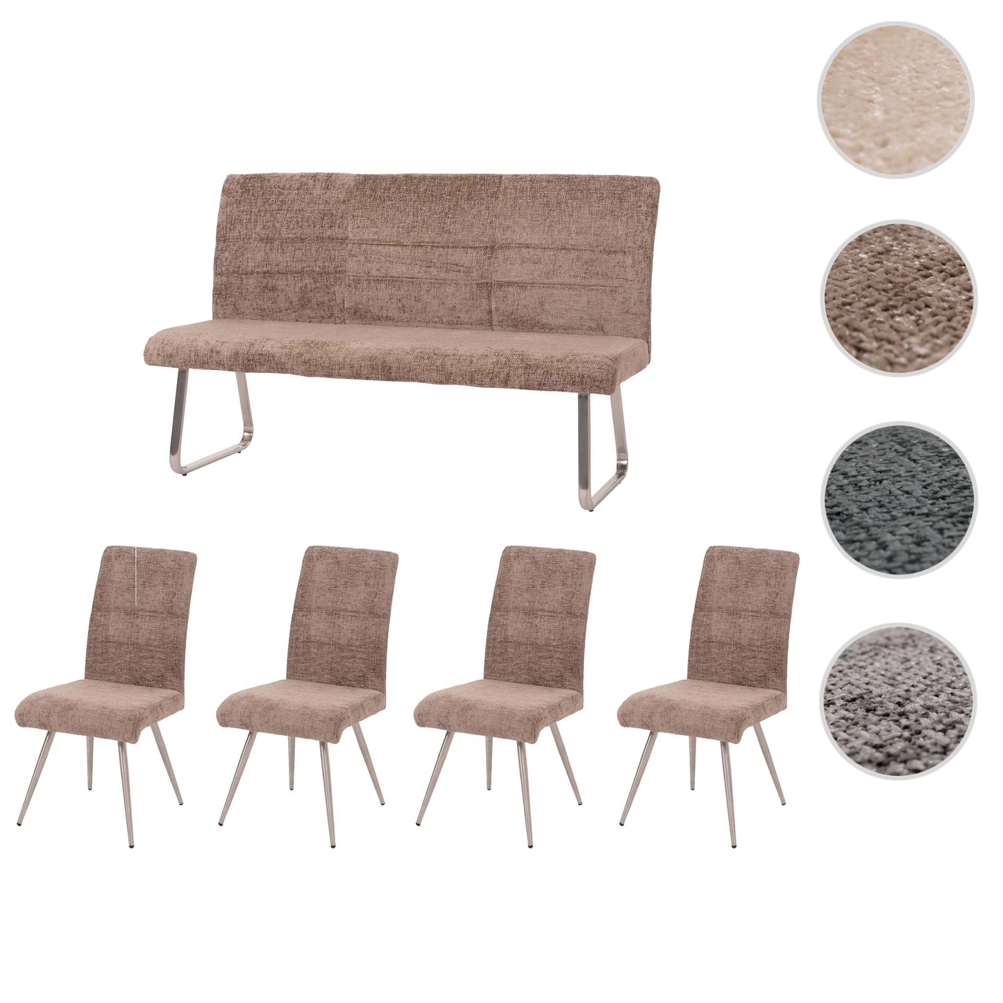 Eetkamerset MCW-G55, set van 4 stoelen + bank 160cm, geborsteld roestvrij staal stof/textiel chenille ~ bruin