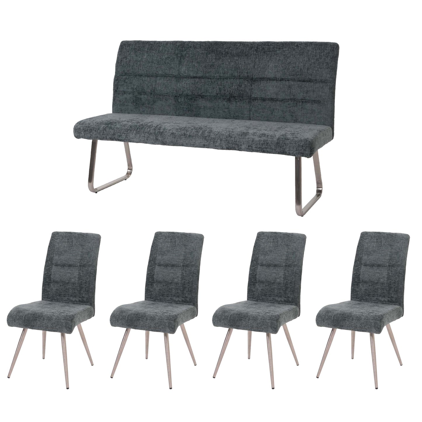 Eetkamerset MCW-G55, set van 4 stoelen + bank 160cm, geborsteld roestvrij staal stof/textiel chenille ~ blauwgroen