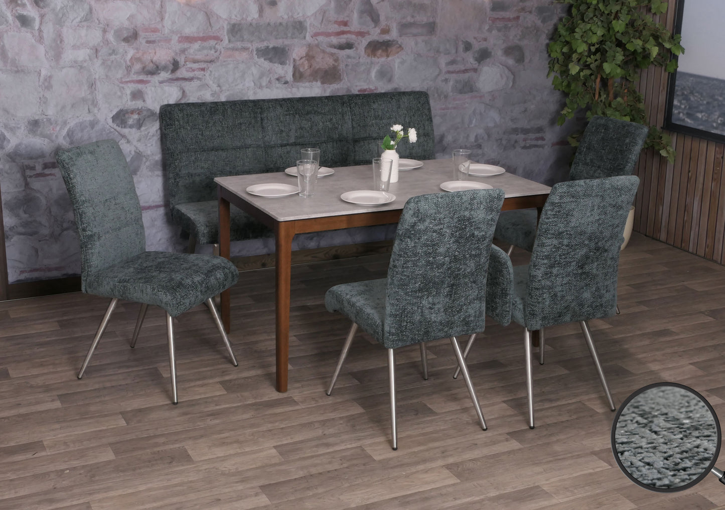 Eetkamerset MCW-G55, set van 4 stoelen + bank 160cm, geborsteld roestvrij staal stof/textiel chenille ~ blauwgroen