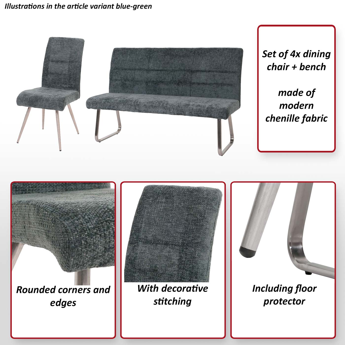 Eetkamerset MCW-G55, set van 4 stoelen + bank 160cm, geborsteld roestvrij staal stof/textiel chenille ~ bruin