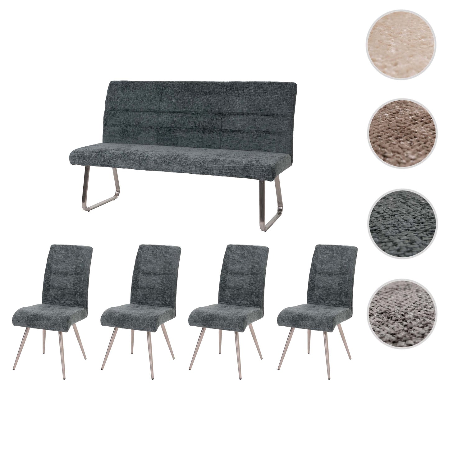 Eetkamerset MCW-G55, set van 4 stoelen + bank 160cm, geborsteld roestvrij staal stof/textiel chenille ~ blauwgroen