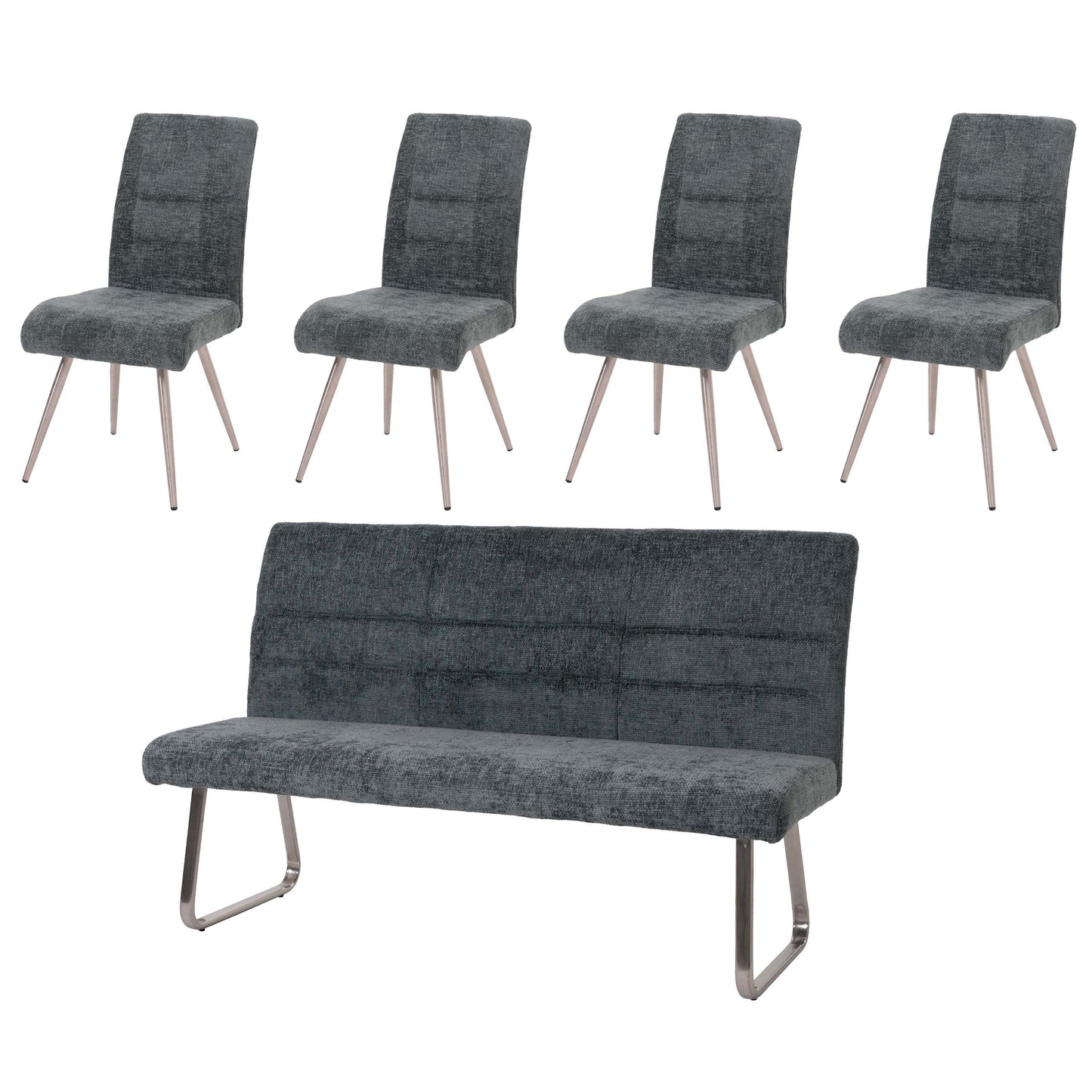Eetkamerset MCW-G55, set van 4 stoelen + bank 180cm, geborsteld roestvrij staal stof/textiel chenille ~ blauwgroen