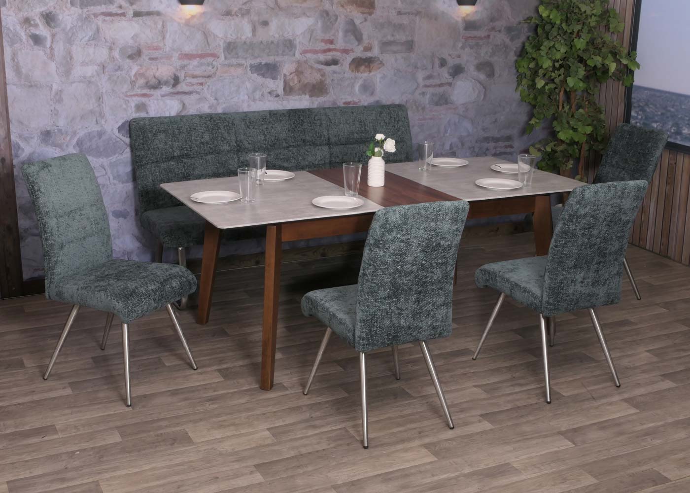 Eetkamerset MCW-G55, set van 4 stoelen + bank 180cm, geborsteld roestvrij staal stof/textiel chenille ~ blauwgroen