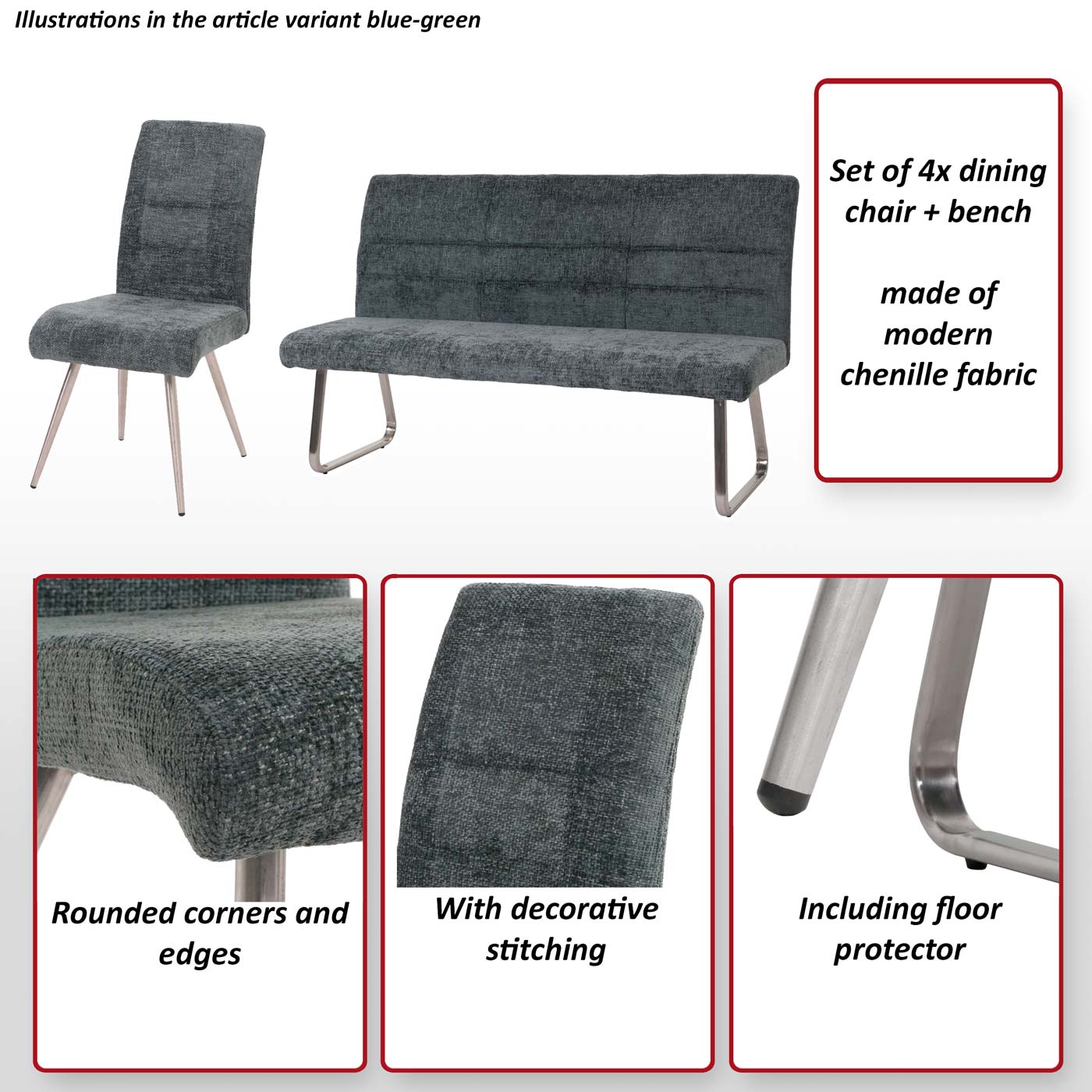 Eetkamerset MCW-G55, set van 4 stoelen + bank 180cm, geborsteld roestvrij staal stof/textiel chenille ~ donkergrijs