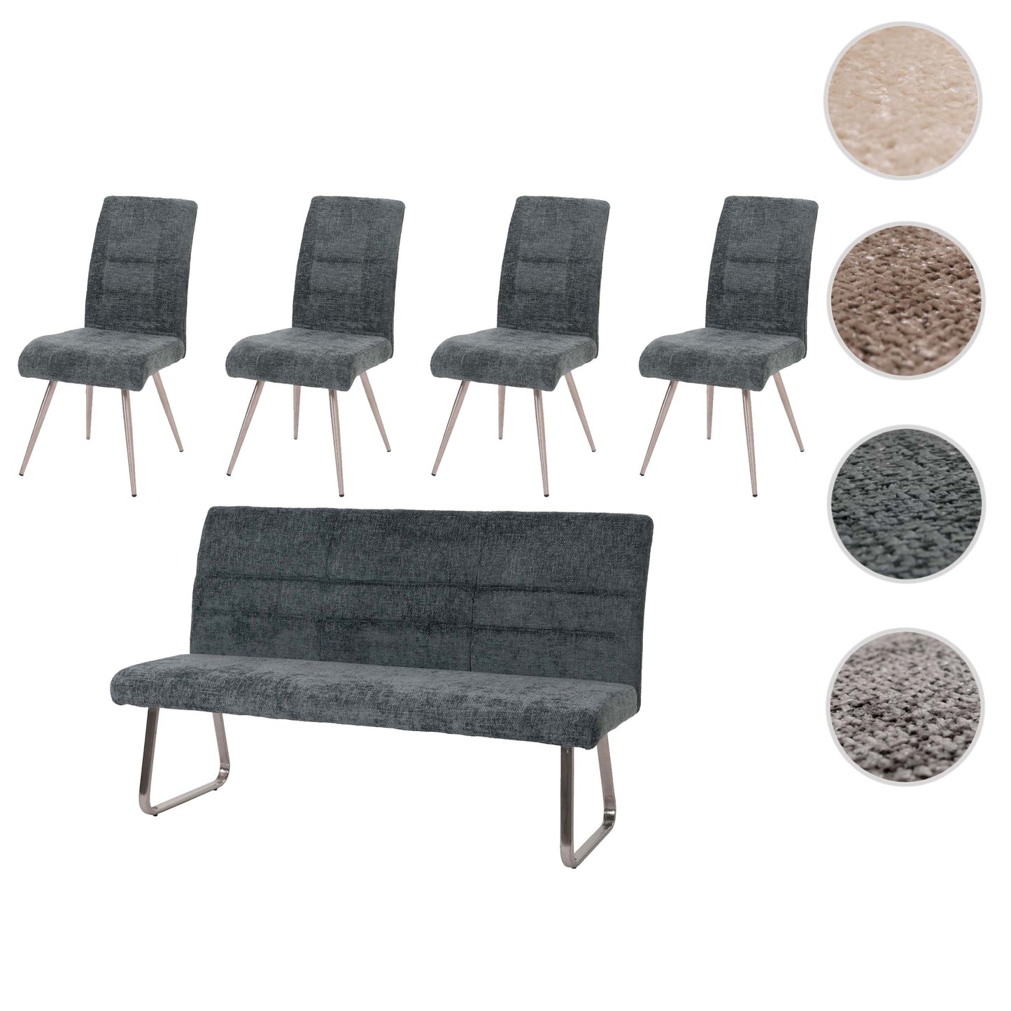 Eetkamerset MCW-G55, set van 4 stoelen + bank 180cm, geborsteld roestvrij staal stof/textiel chenille ~ blauwgroen