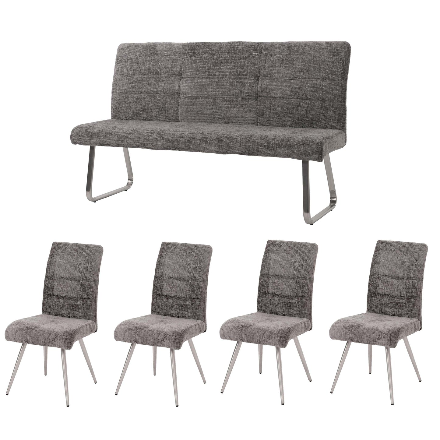 Eetkamerset MCW-G55, set van 4 stoelen + bank 160cm, geborsteld roestvrij staal stof/textiel chenille ~ donkergrijs