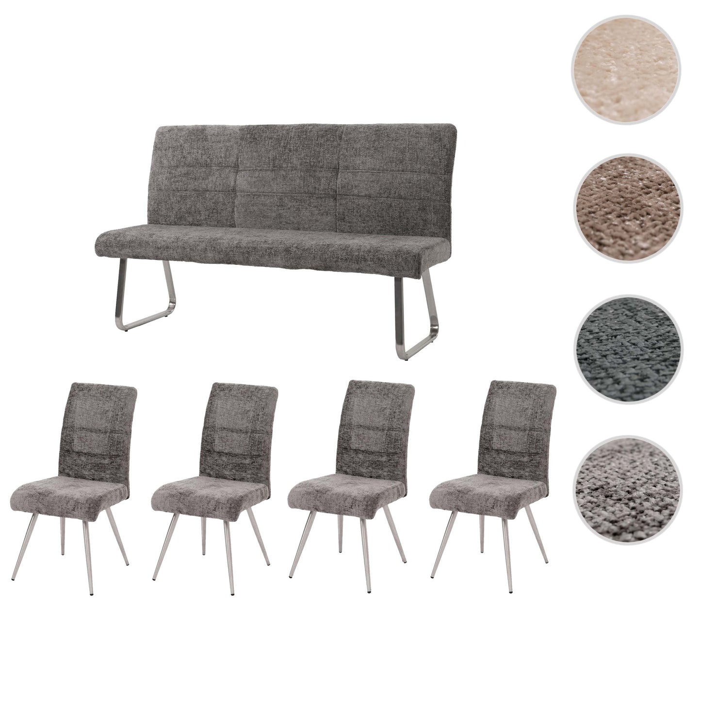 Eetkamerset MCW-G55, set van 4 stoelen + bank 160cm, geborsteld roestvrij staal stof/textiel chenille ~ donkergrijs