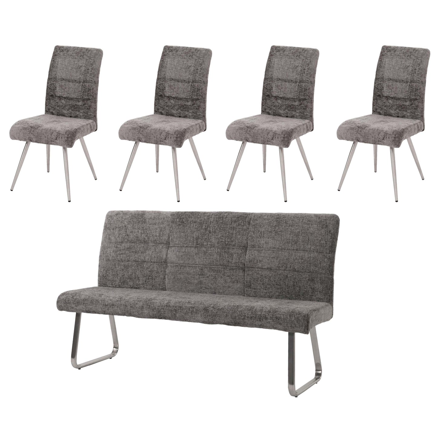 Eetkamerset MCW-G55, set van 4 stoelen + bank 180cm, geborsteld roestvrij staal stof/textiel chenille ~ donkergrijs