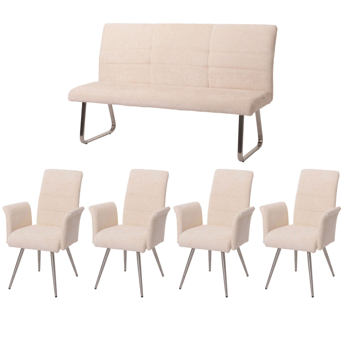 Eetkamerset MCW-G55, set van 4 stoelen met armleuningen + bank 160cm, geborsteld roestvrij staal stof/textiel chenille ~ crème