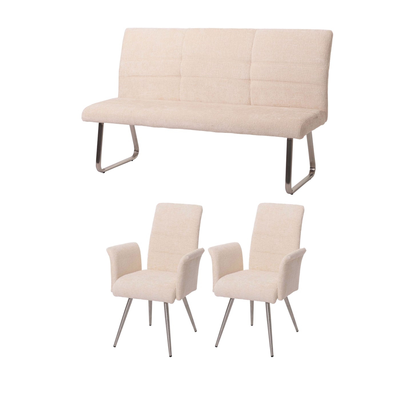 Eetkamerset MCW-G55, set van 2 stoelen met armleuningen + bank 160cm, geborsteld roestvrij staal stof/textiel chenille ~ crème