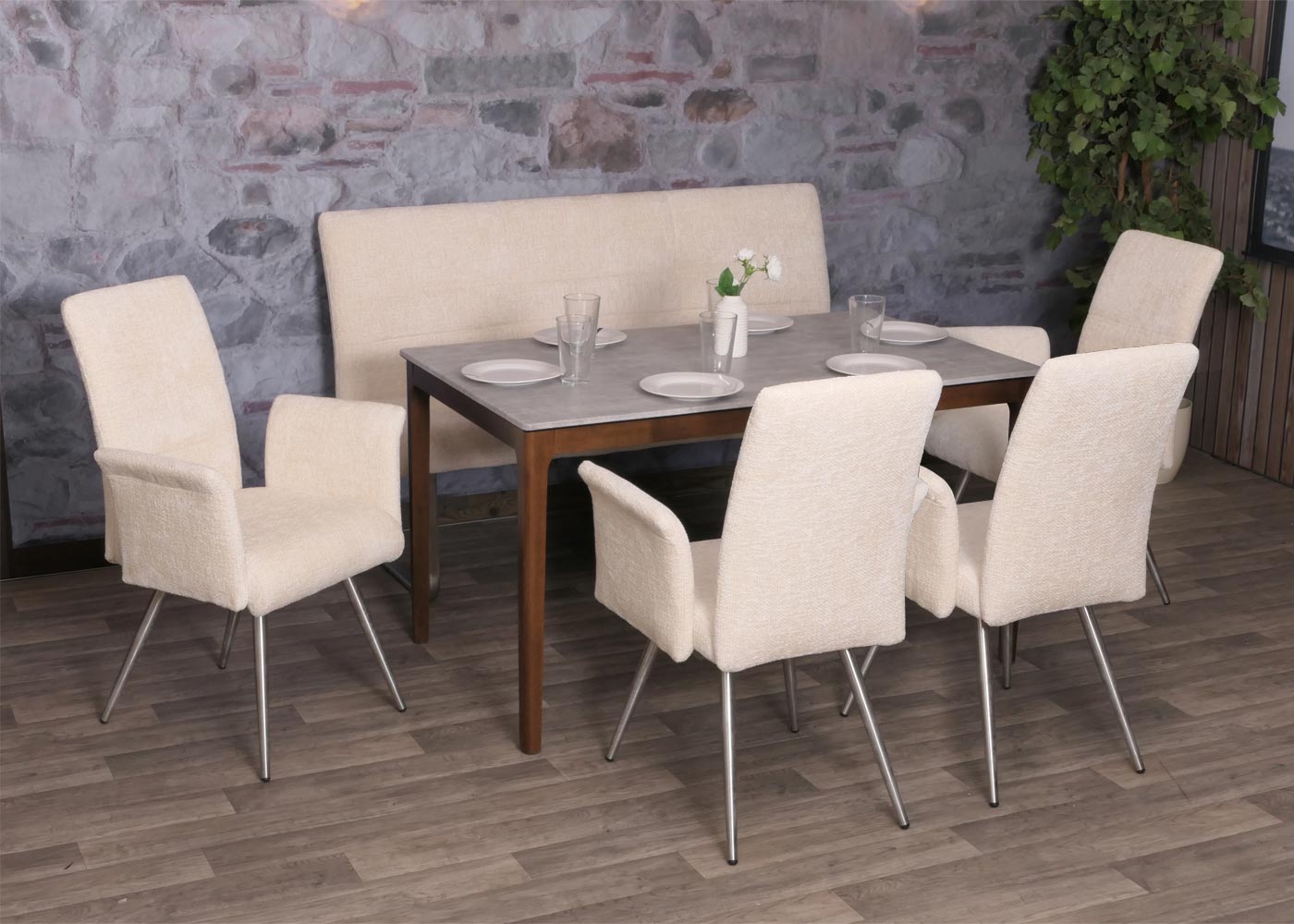 Eetkamerset MCW-G55, set van 4 stoelen met armleuningen + bank 160cm, geborsteld roestvrij staal stof/textiel chenille ~ crème