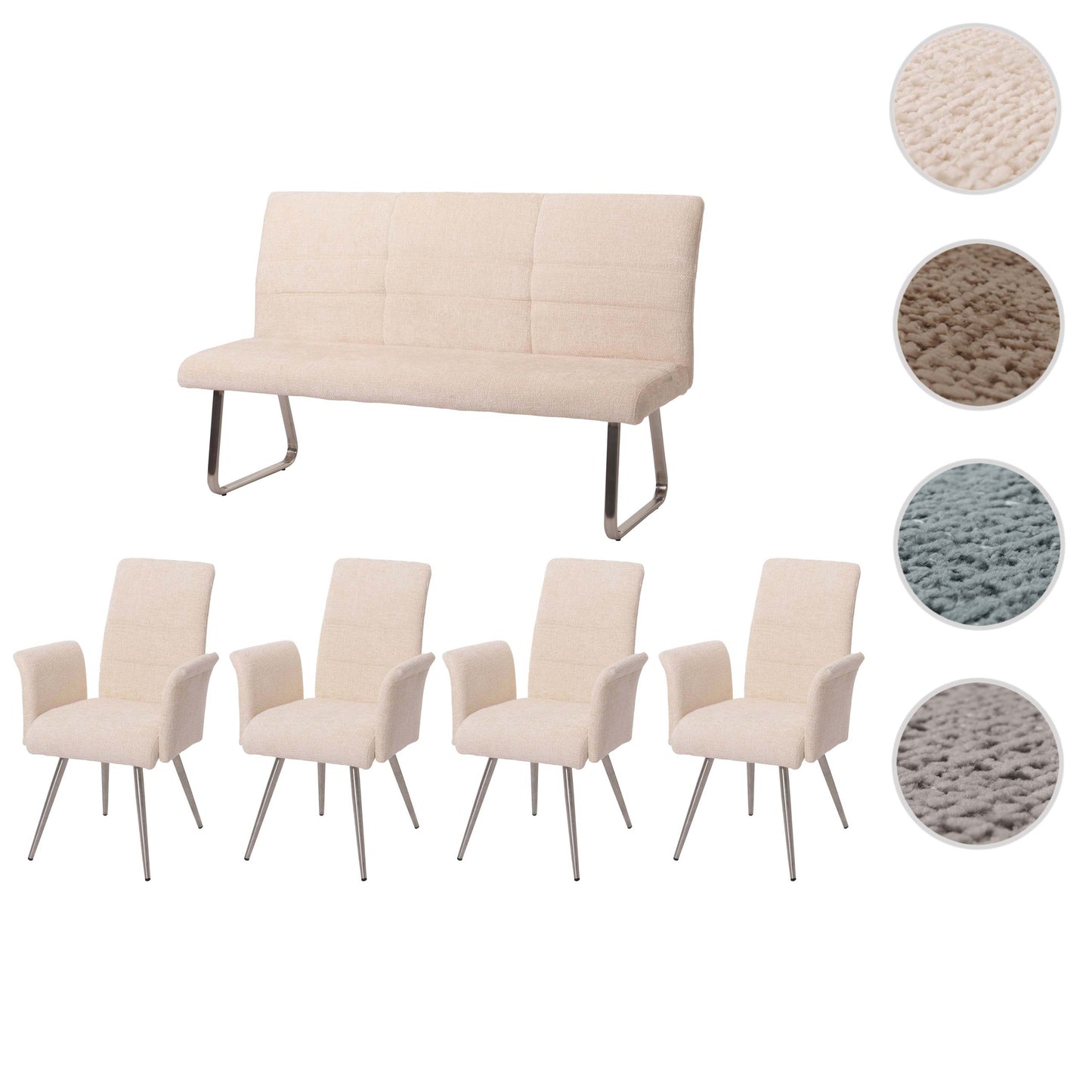 Eetkamerset MCW-G55, set van 4 stoelen met armleuningen + bank 160cm, geborsteld roestvrij staal stof/textiel chenille ~ crème