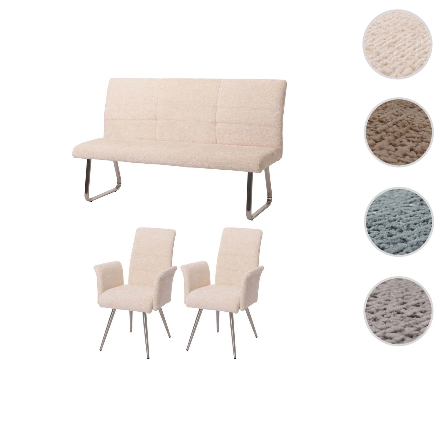 Eetkamerset MCW-G55, set van 2 stoelen met armleuningen + bank 160cm, geborsteld roestvrij staal stof/textiel chenille ~ crème