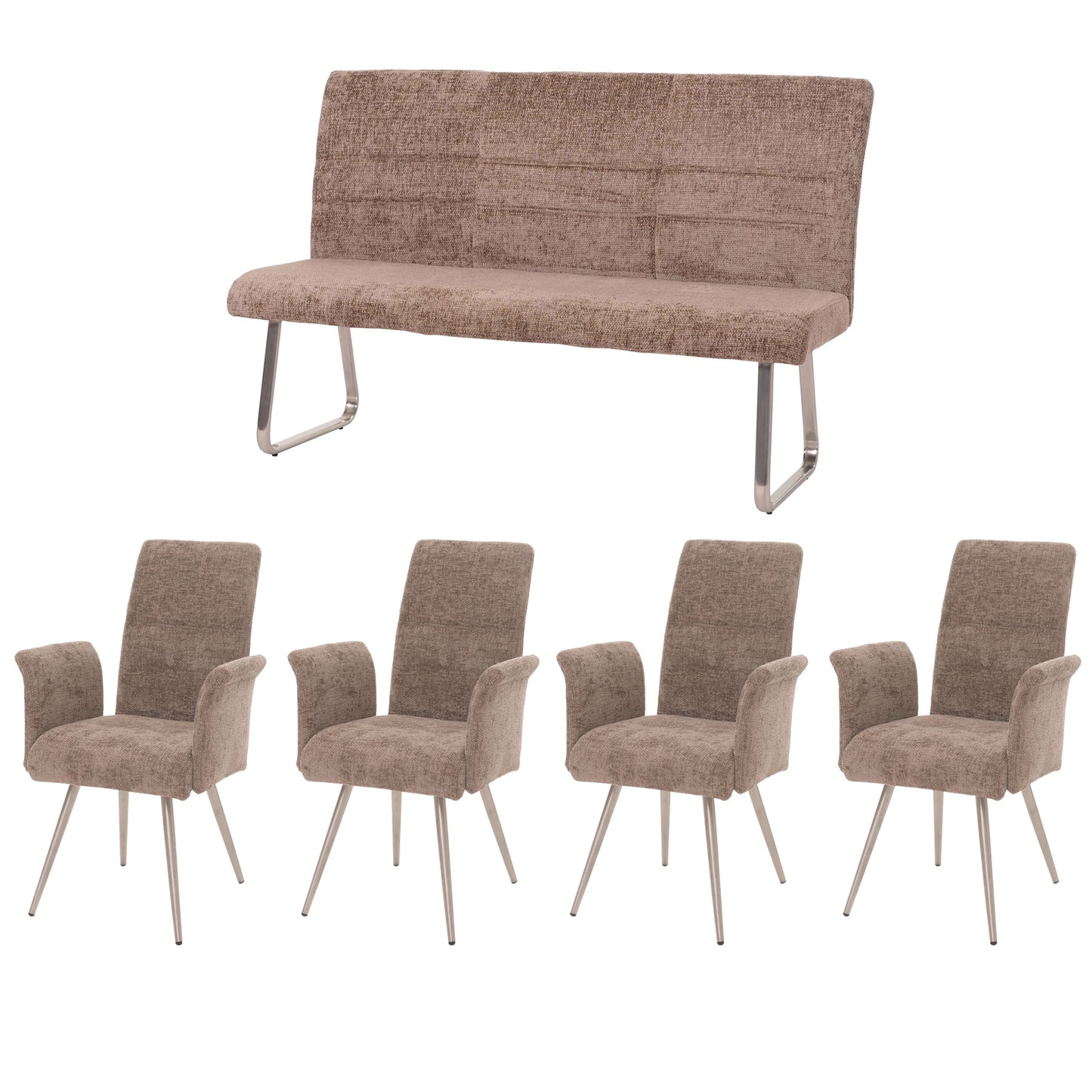 Eetkamerset MCW-G55, set van 4 stoelen met armleuningen + bank 160cm, geborsteld roestvrij staal stof/textiel chenille ~ bruin