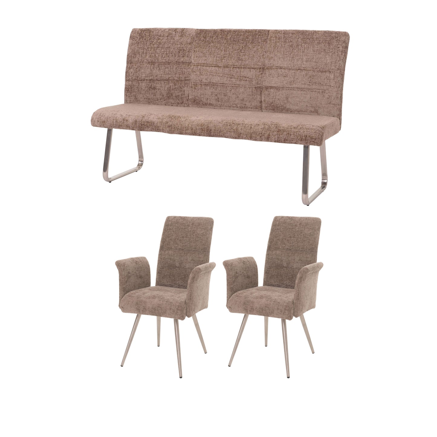 Eetkamerset MCW-G55, set van 2 stoelen met armleuningen + bank 160cm, geborsteld roestvrij staal stof/textiel chenille ~ bruin