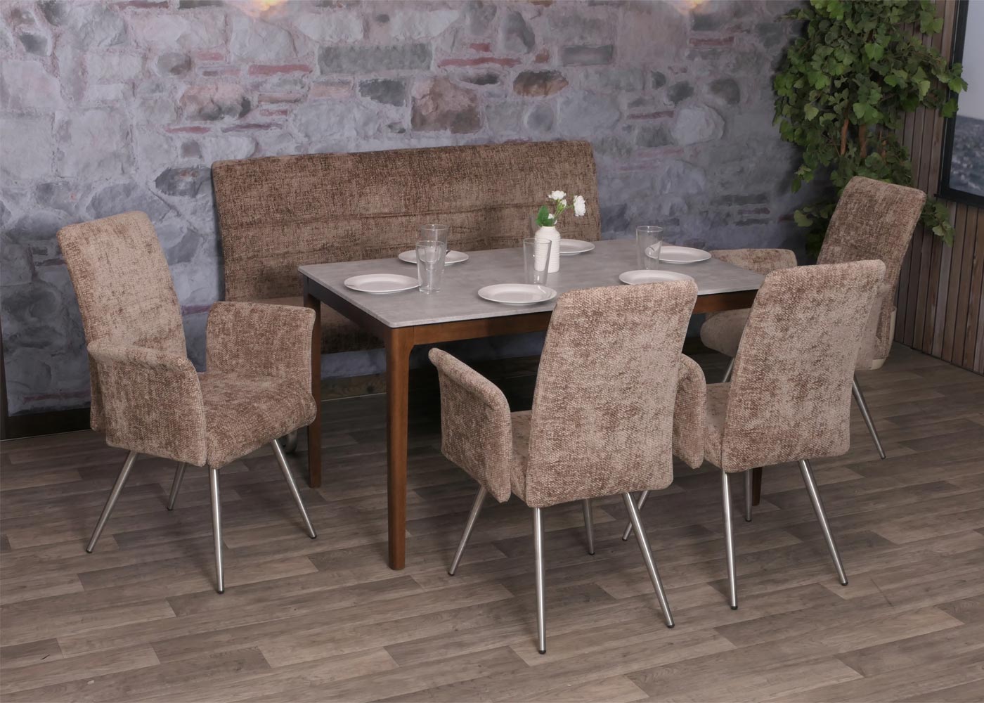 Eetkamerset MCW-G55, set van 4 stoelen met armleuningen + bank 160cm, geborsteld roestvrij staal stof/textiel chenille ~ bruin