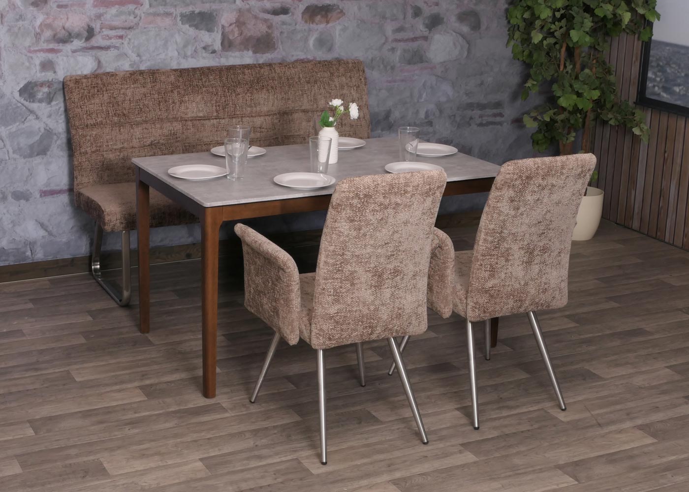Eetkamerset MCW-G55, set van 2 stoelen met armleuningen + bank 160cm, geborsteld roestvrij staal stof/textiel chenille ~ bruin