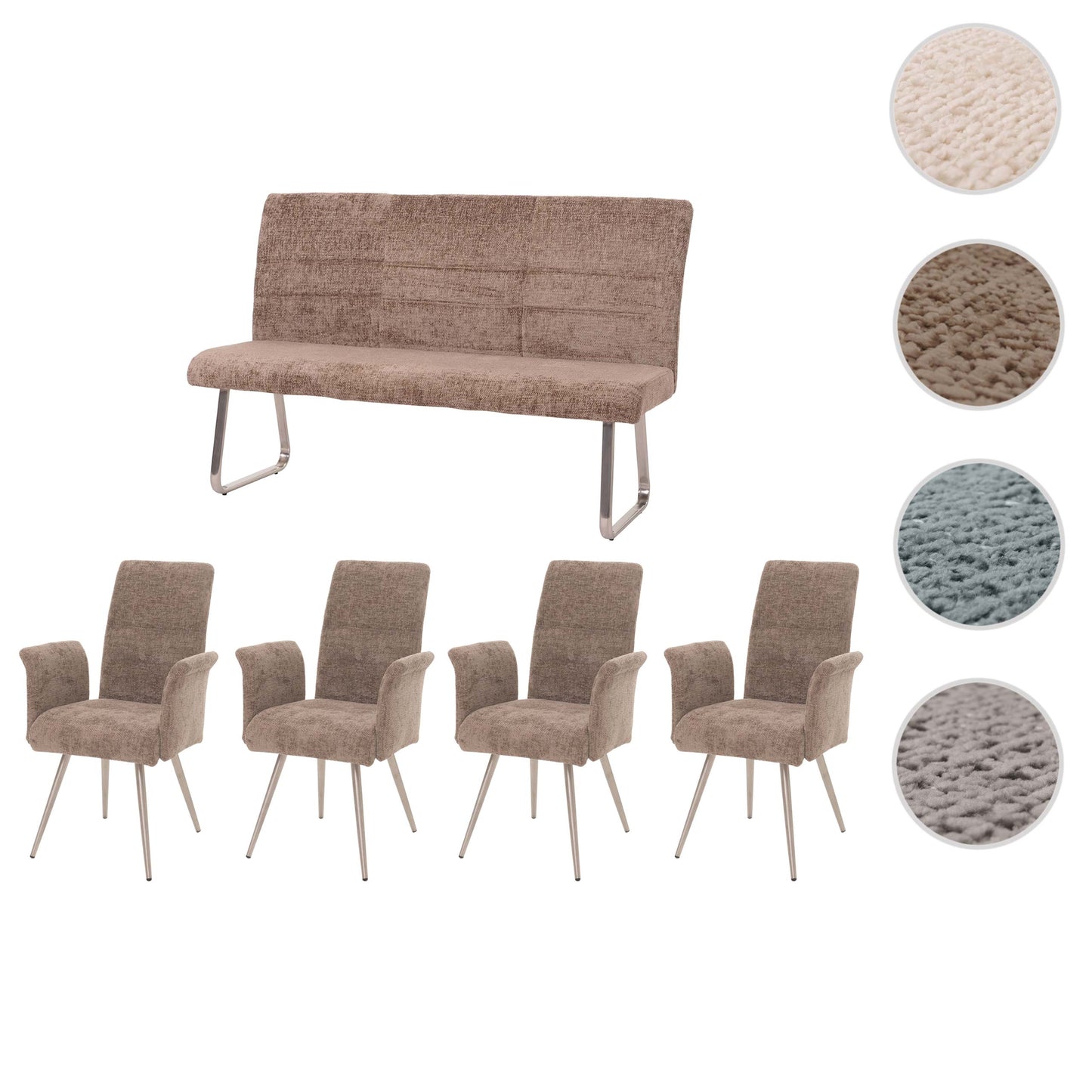 Eetkamerset MCW-G55, set van 4 stoelen met armleuningen + bank 160cm, geborsteld roestvrij staal stof/textiel chenille ~ bruin