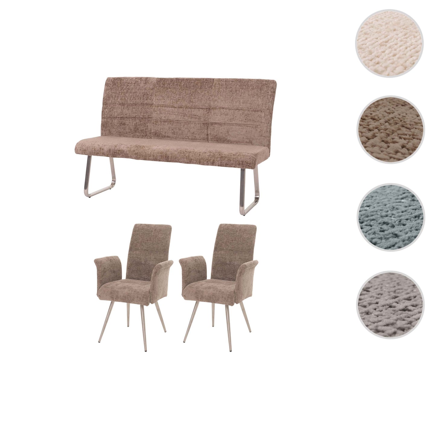 Eetkamerset MCW-G55, set van 2 stoelen met armleuningen + bank 160cm, geborsteld roestvrij staal stof/textiel chenille ~ bruin